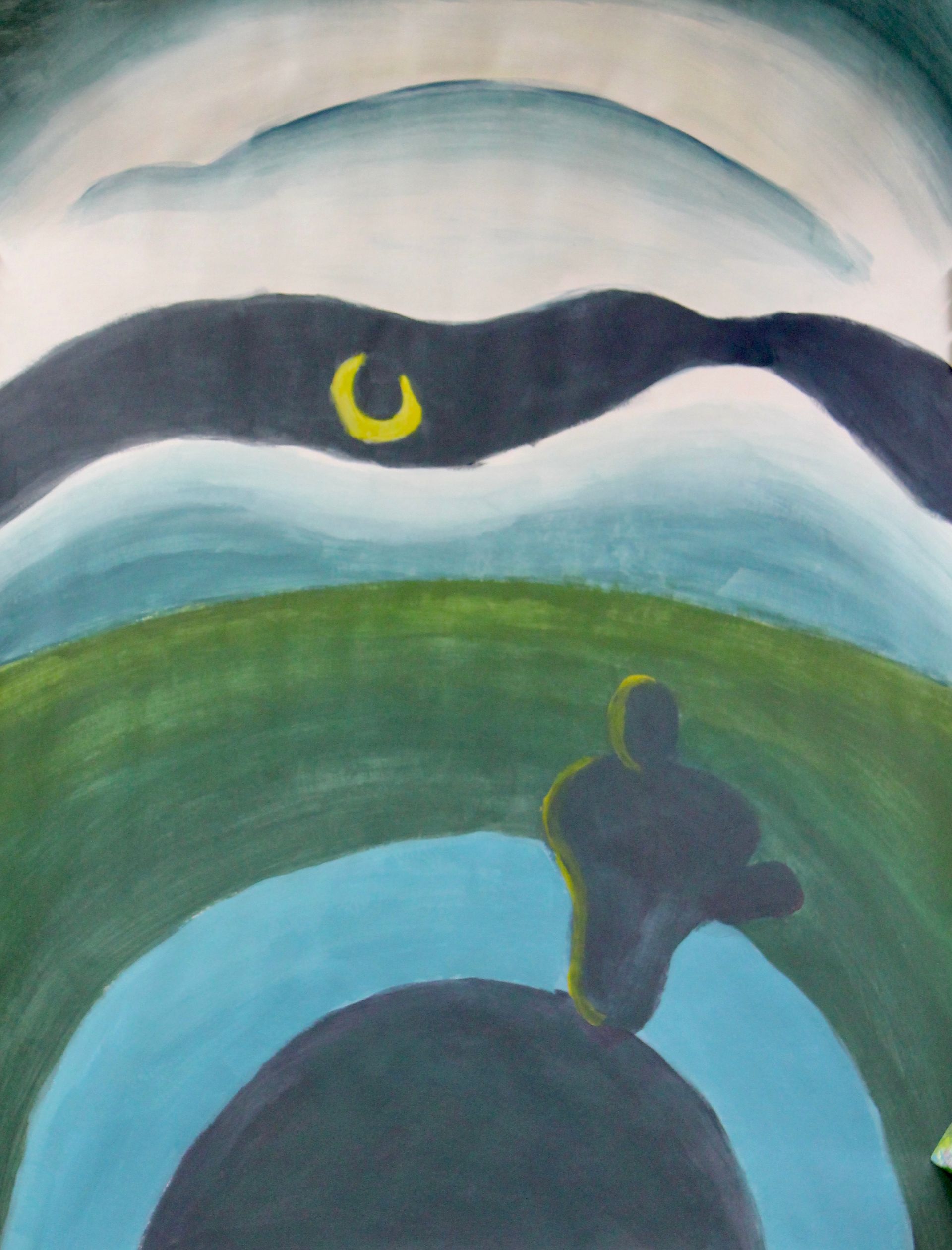 Een schilderij van een landschap met een halve maan aan de hemel