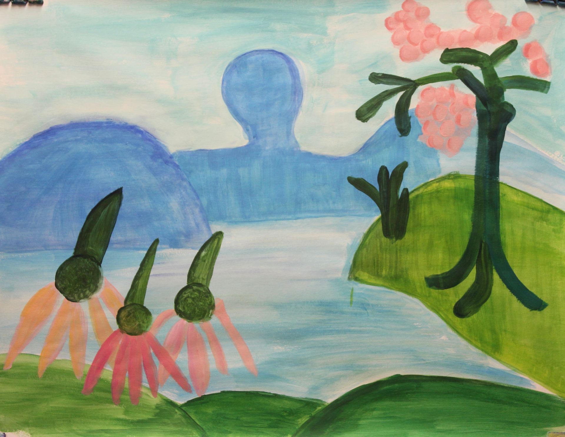 Een schilderij van bloemen en bomen met een blauwe lucht op de achtergrond