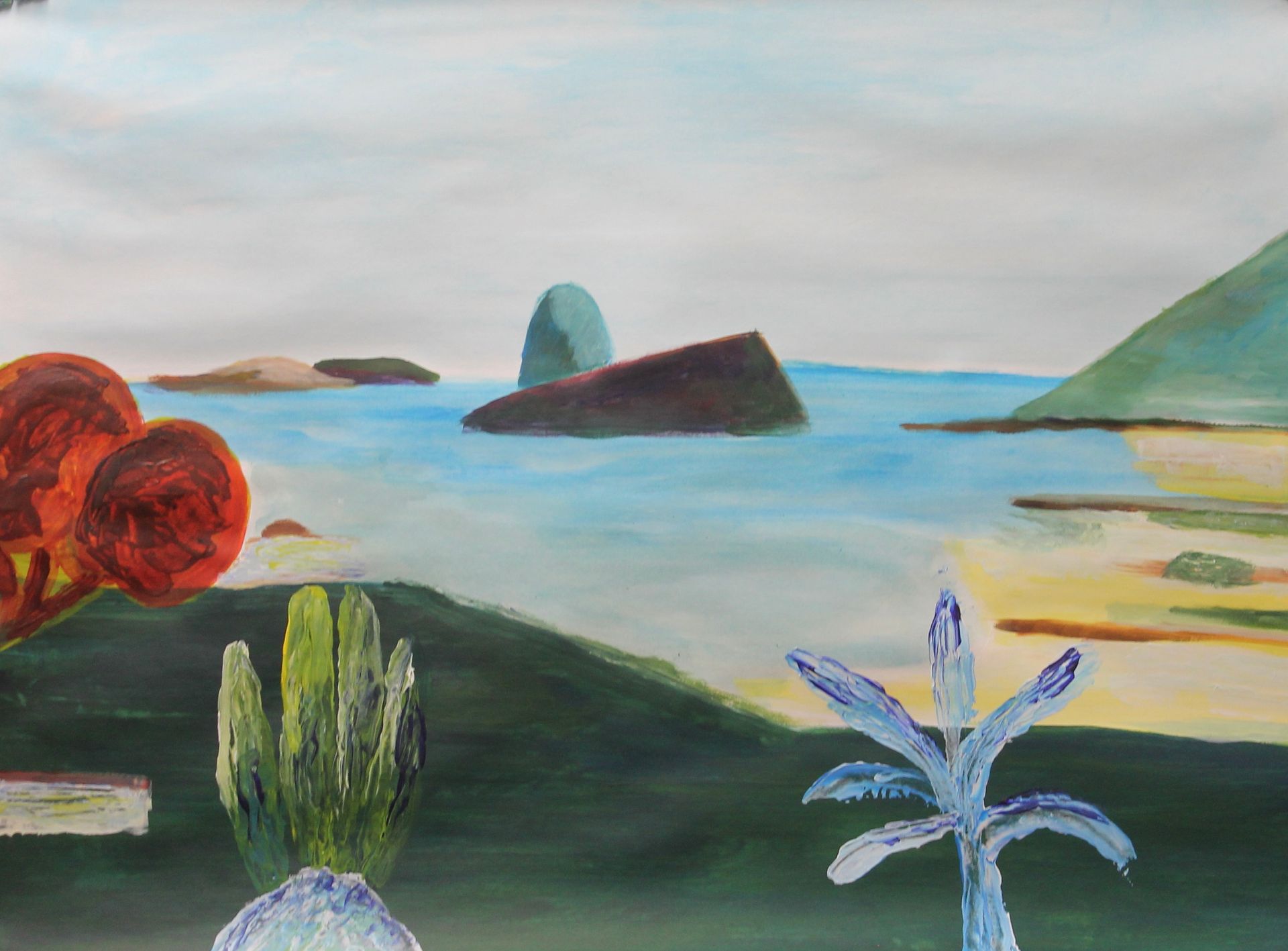 Een schilderij van een landschap met cactussen en palmbomen