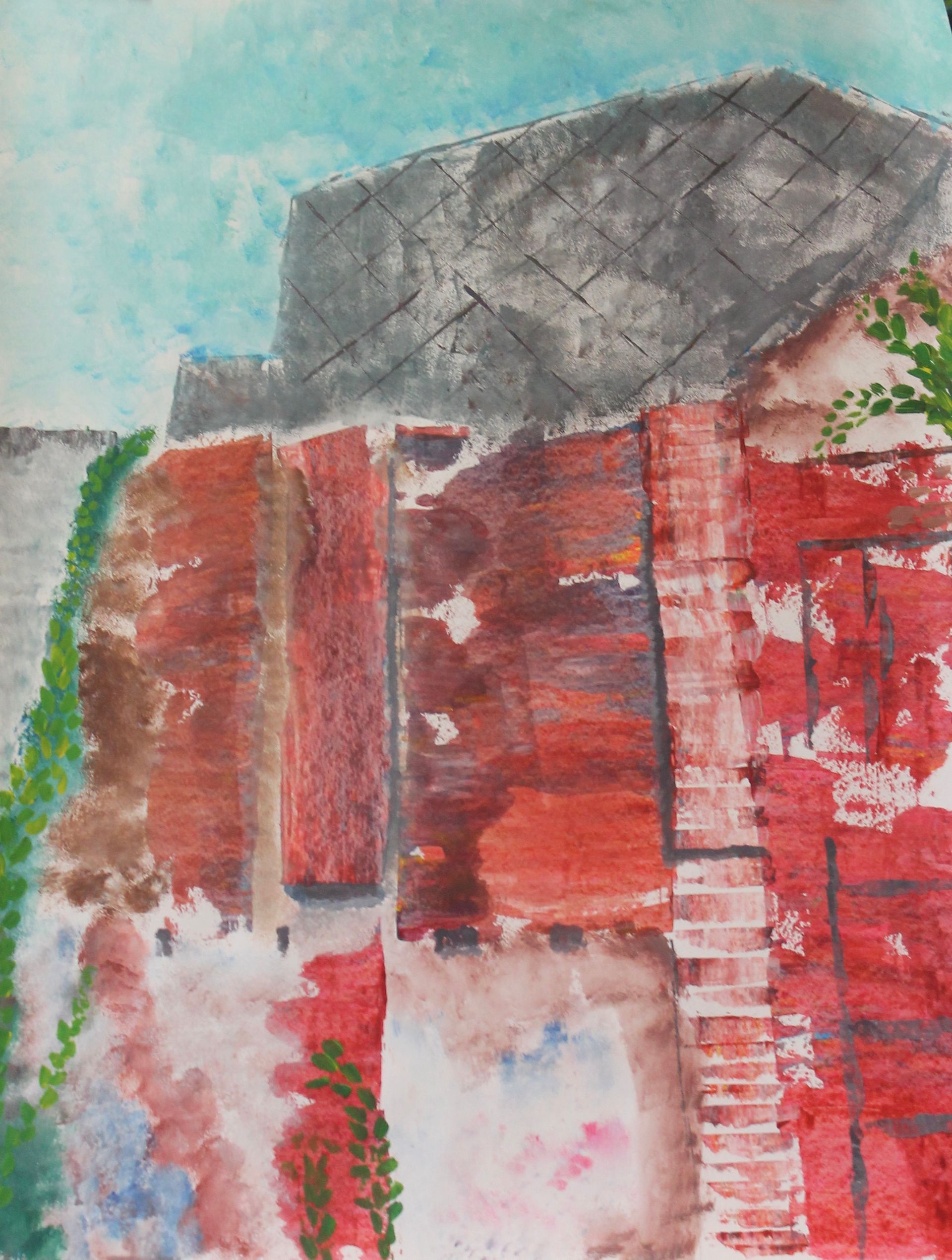 Een schilderij van een bakstenen muur met een berg op de achtergrond