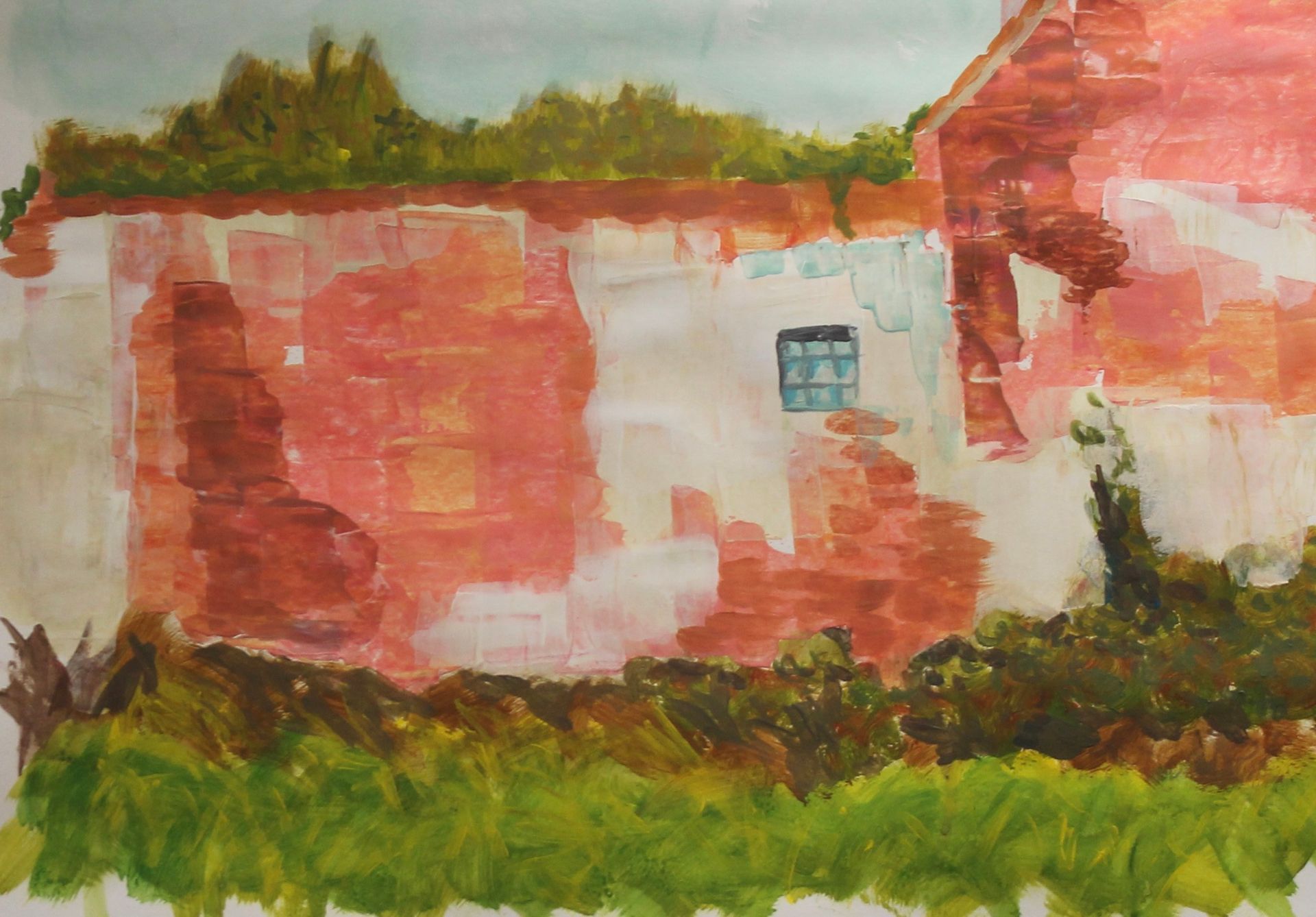 Een schilderij van een bakstenen muur met een blauw raam