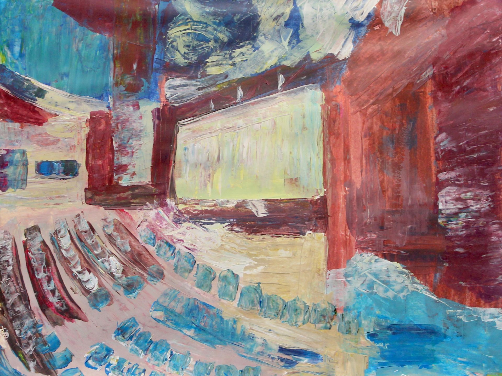 Een schilderij van een theater met rijen stoelen