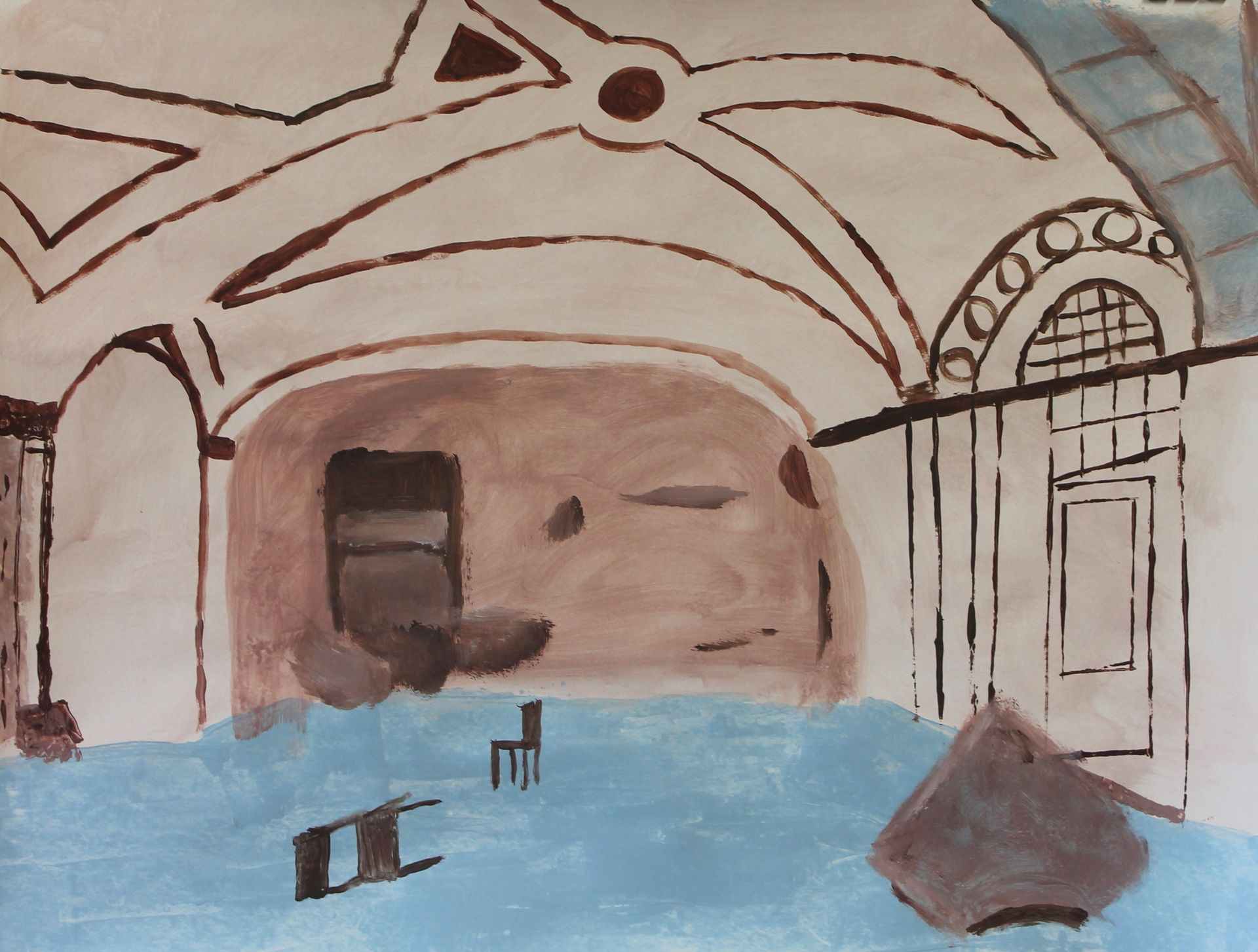 Een schilderij van een gebouw met een plafond waarop een cirkel staat