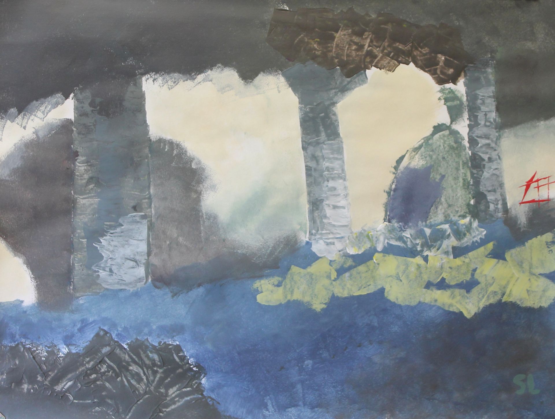 Een schilderij met de letter f erop