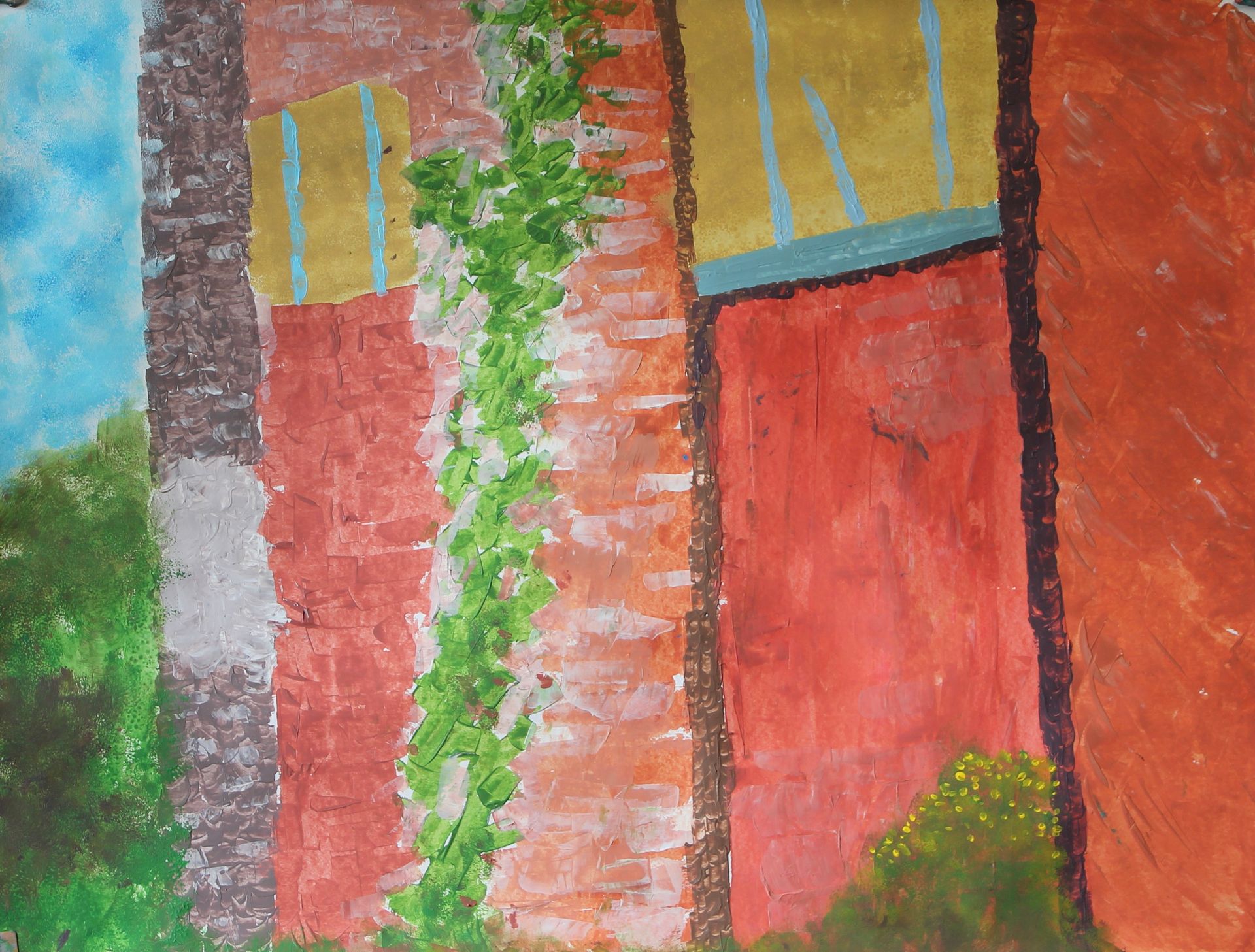 Een schilderij van een bakstenen muur met klimop erop