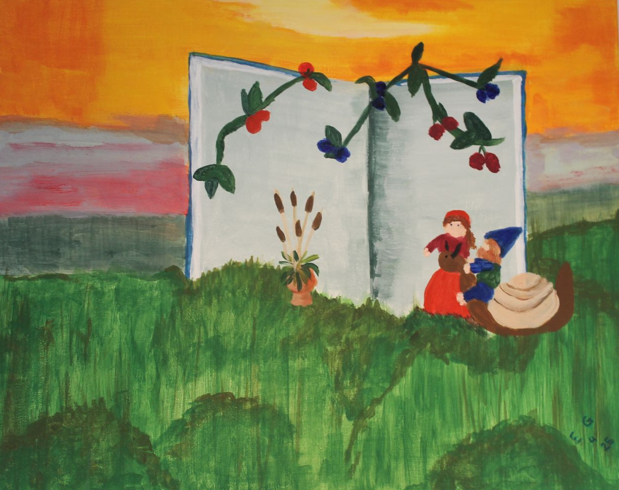 Een schilderij van een chocoladetaart met slagroom en een aardbei erop