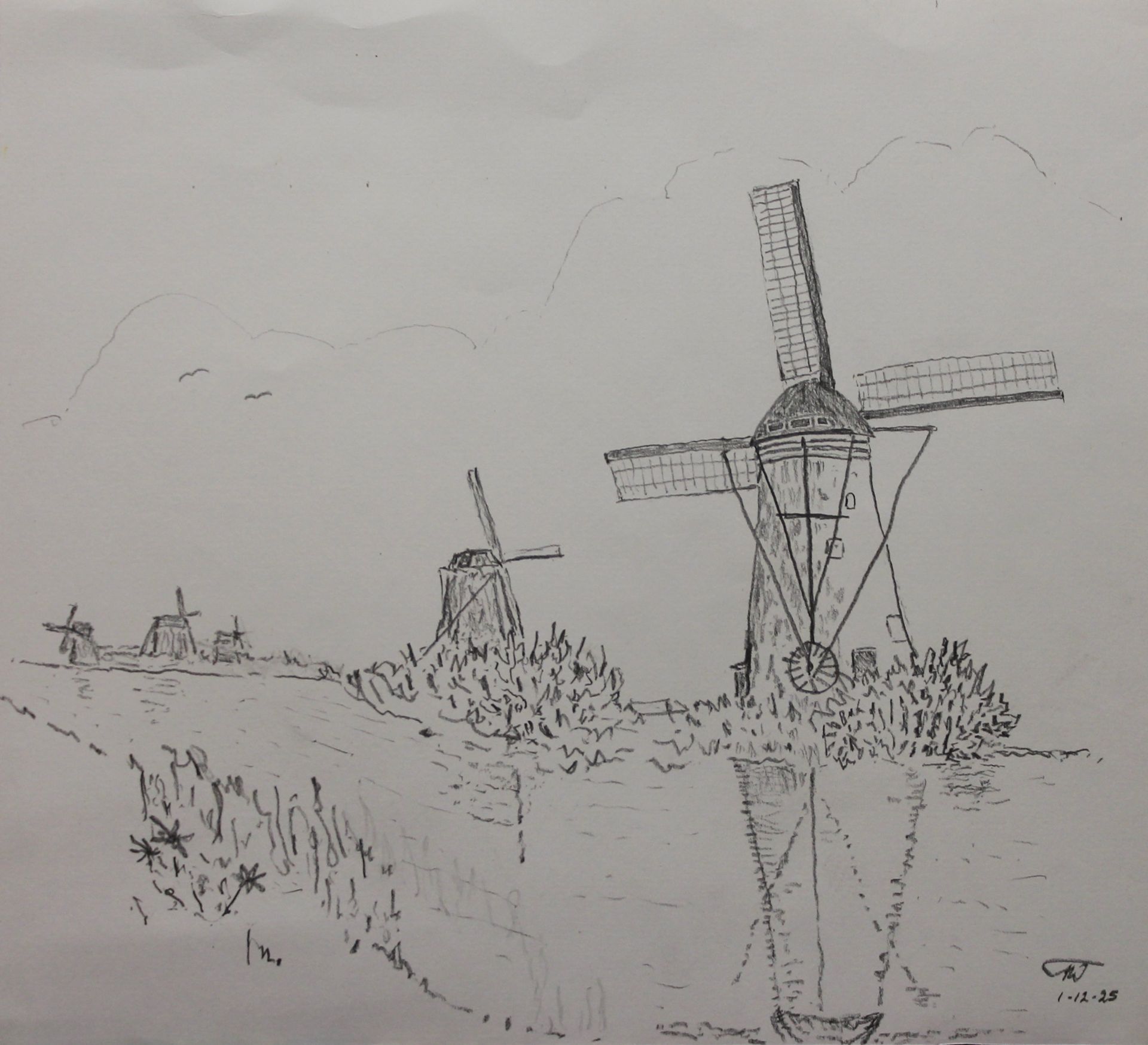 Zwart-wit schets van windmolens weerspiegeld in het water