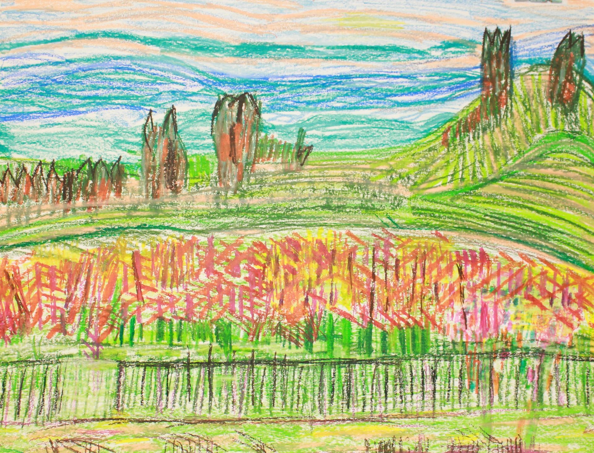 landschap getekend met oliepastel