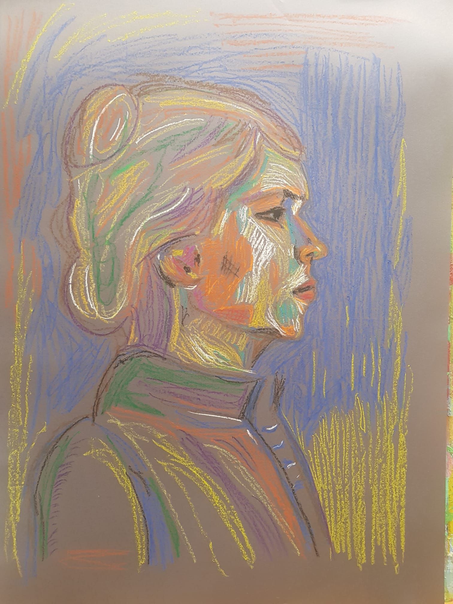 Een schilderij van een vrouw met een knot op haar hoofd