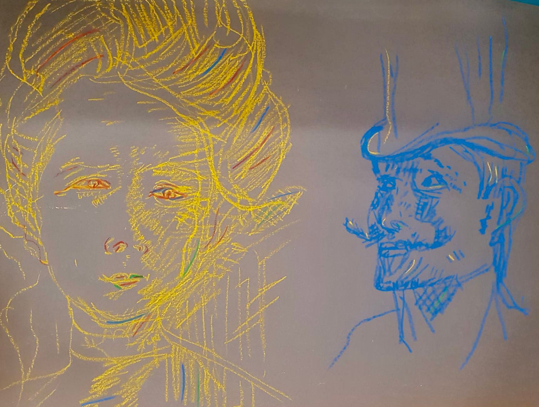 Een tekening van een vrouw en een man met een hoge hoed