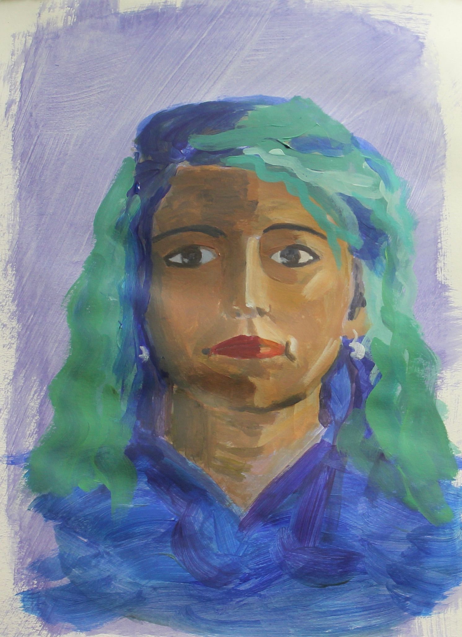 Een schilderij van een vrouw met groen haar