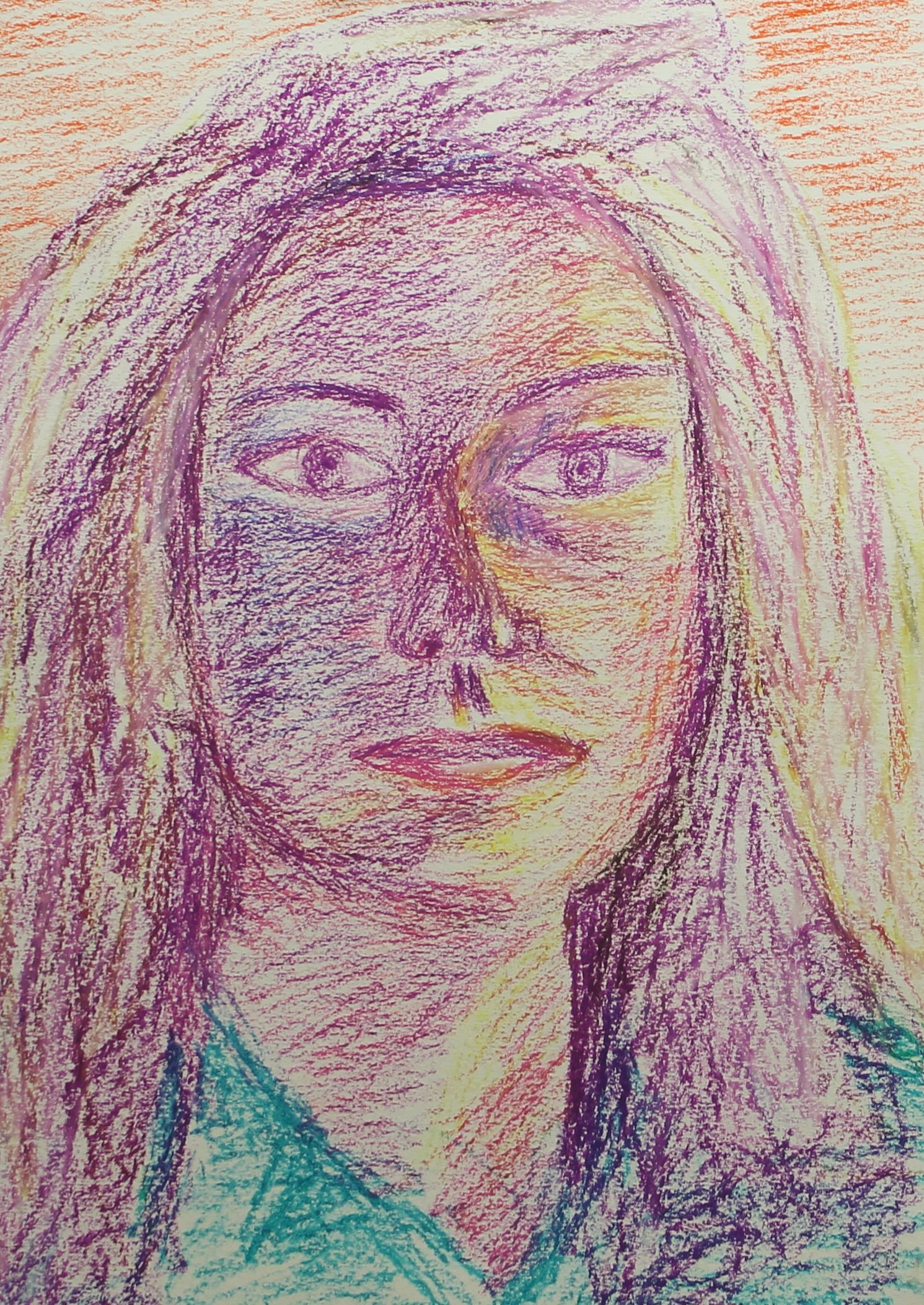 Een kleurrijke tekening van het gezicht van een vrouw met lang haar