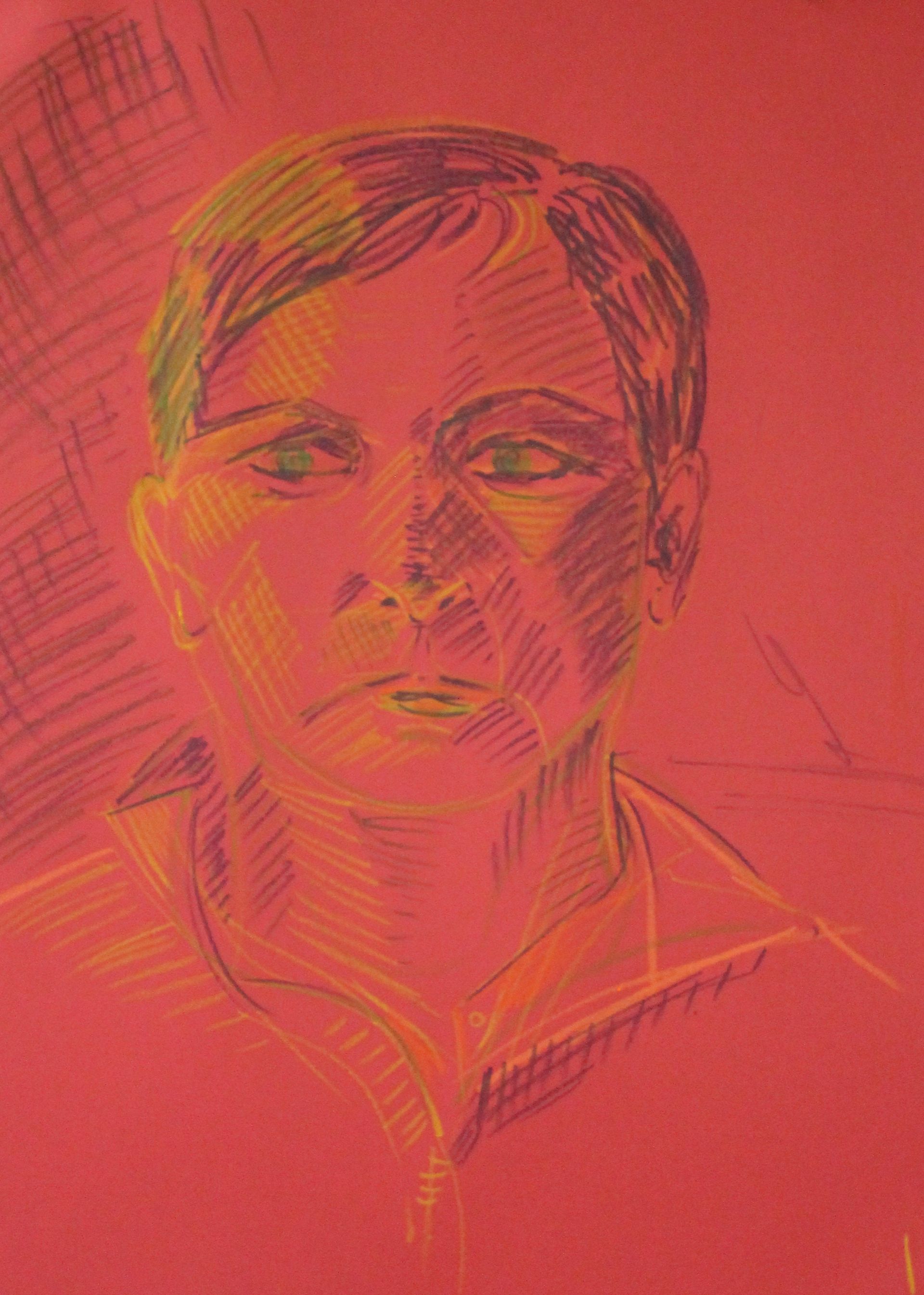 Een tekening van het gezicht van een vrouwe op een rode achtergrond