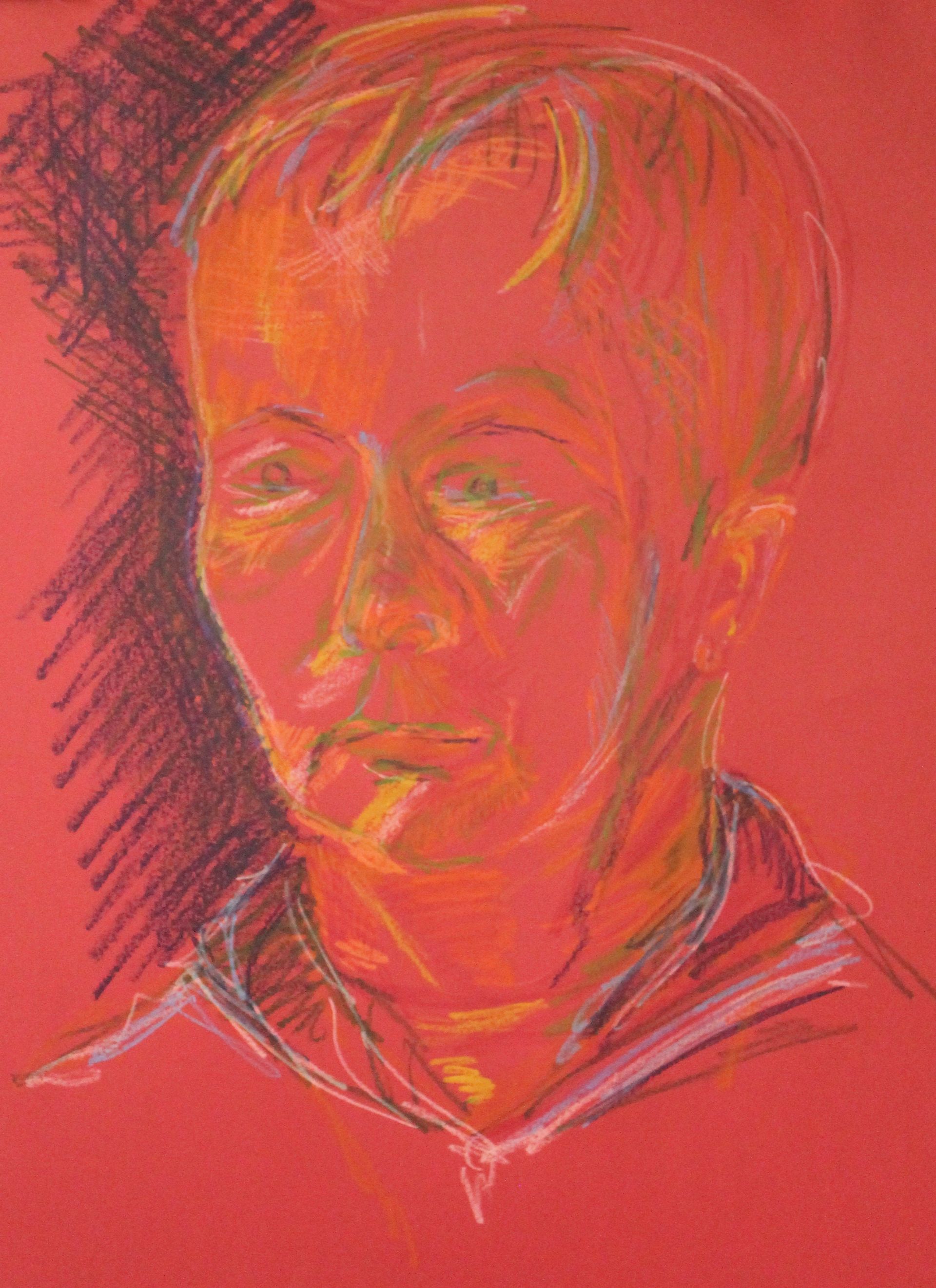 Een kleurrijke tekening van het gezicht van een vrouw op een rode achtergrond