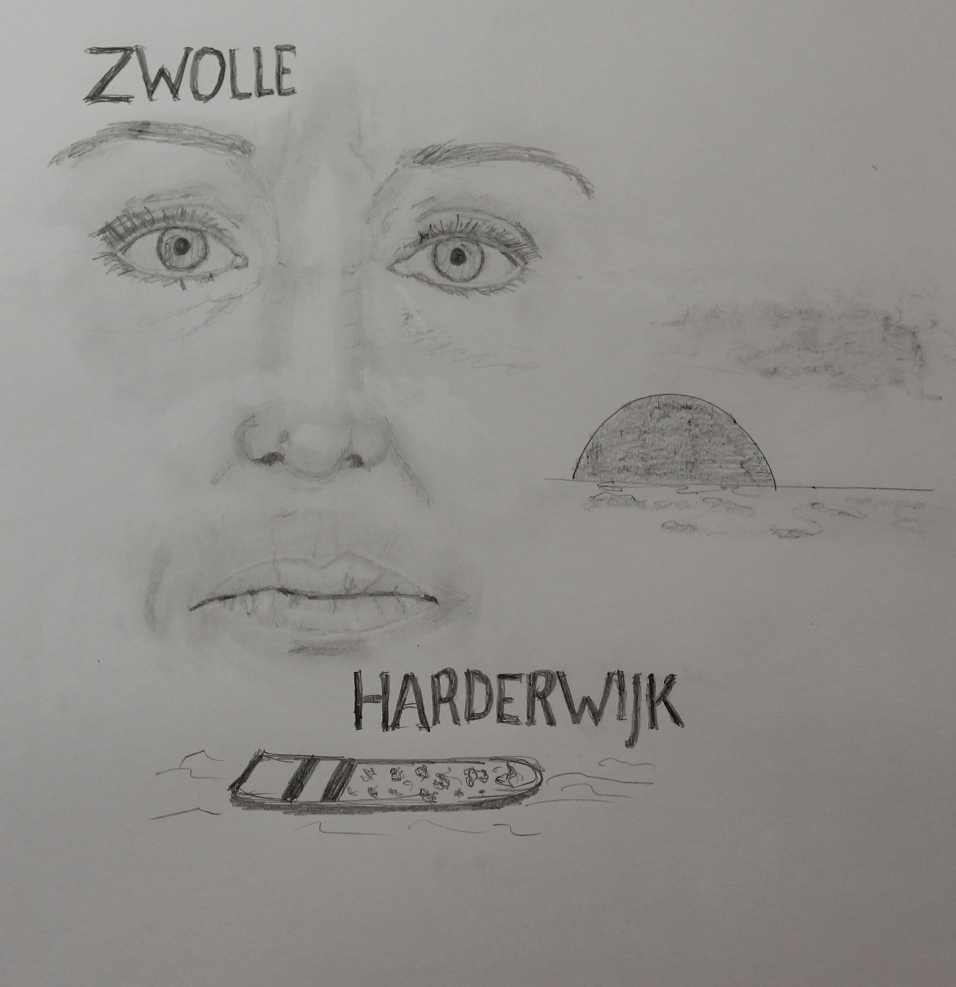 Een tekening van een vrouwengezicht met de woorden zwolle en harderwijk