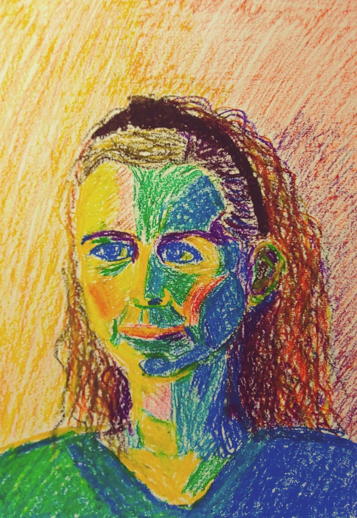 Een kleurrijke tekening van het gezicht van een vrouw