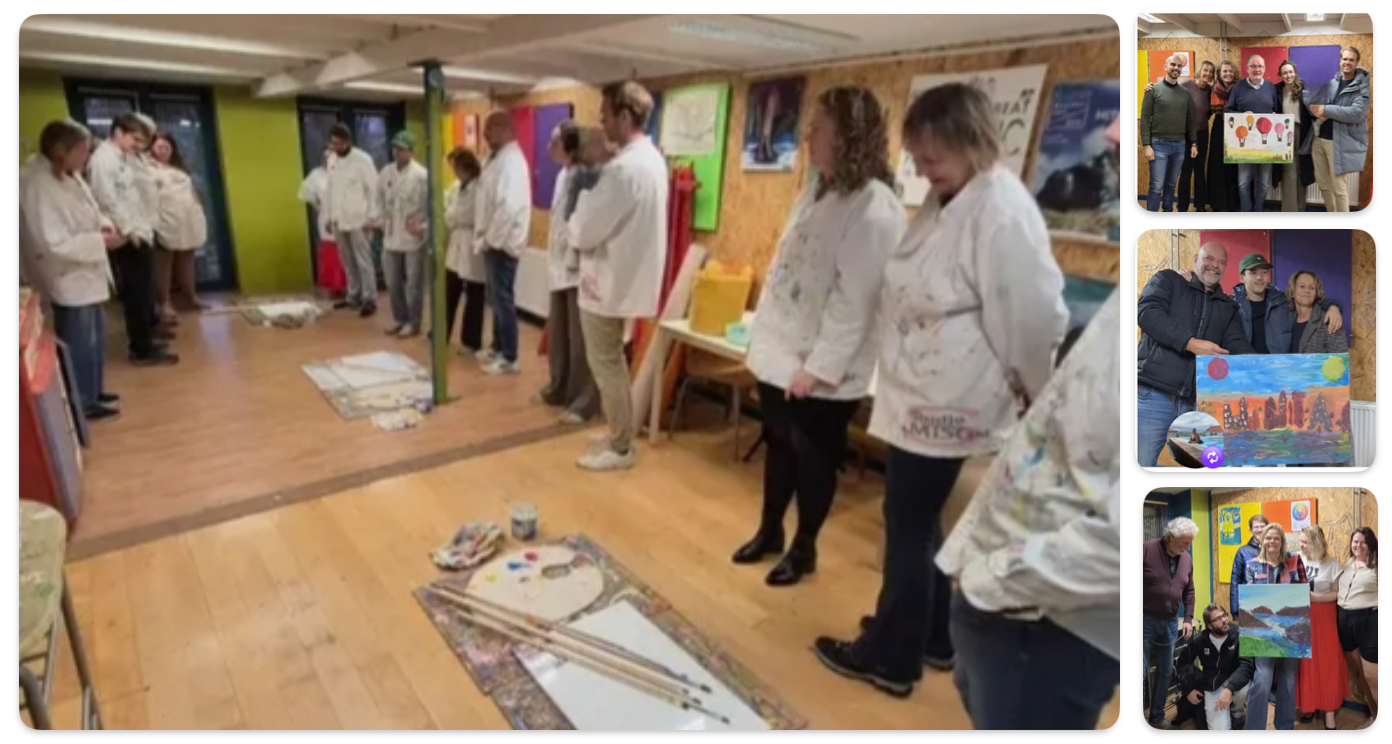 Schilderen met 6 personen aan een groot schilderij