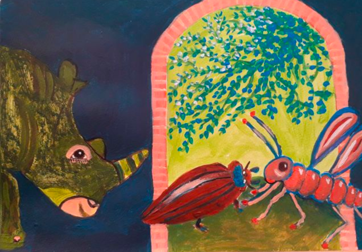 Groene neushoorn en gevleugeld mierachtig insect staan tegenover elkaar in een deuropening met een groene boom op de achtergrond. Ervaren schilder van Studio MiSt