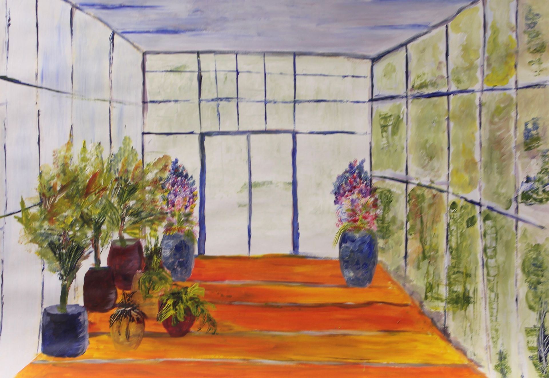 Een schilderij van een kamer met potplanten op de vloer