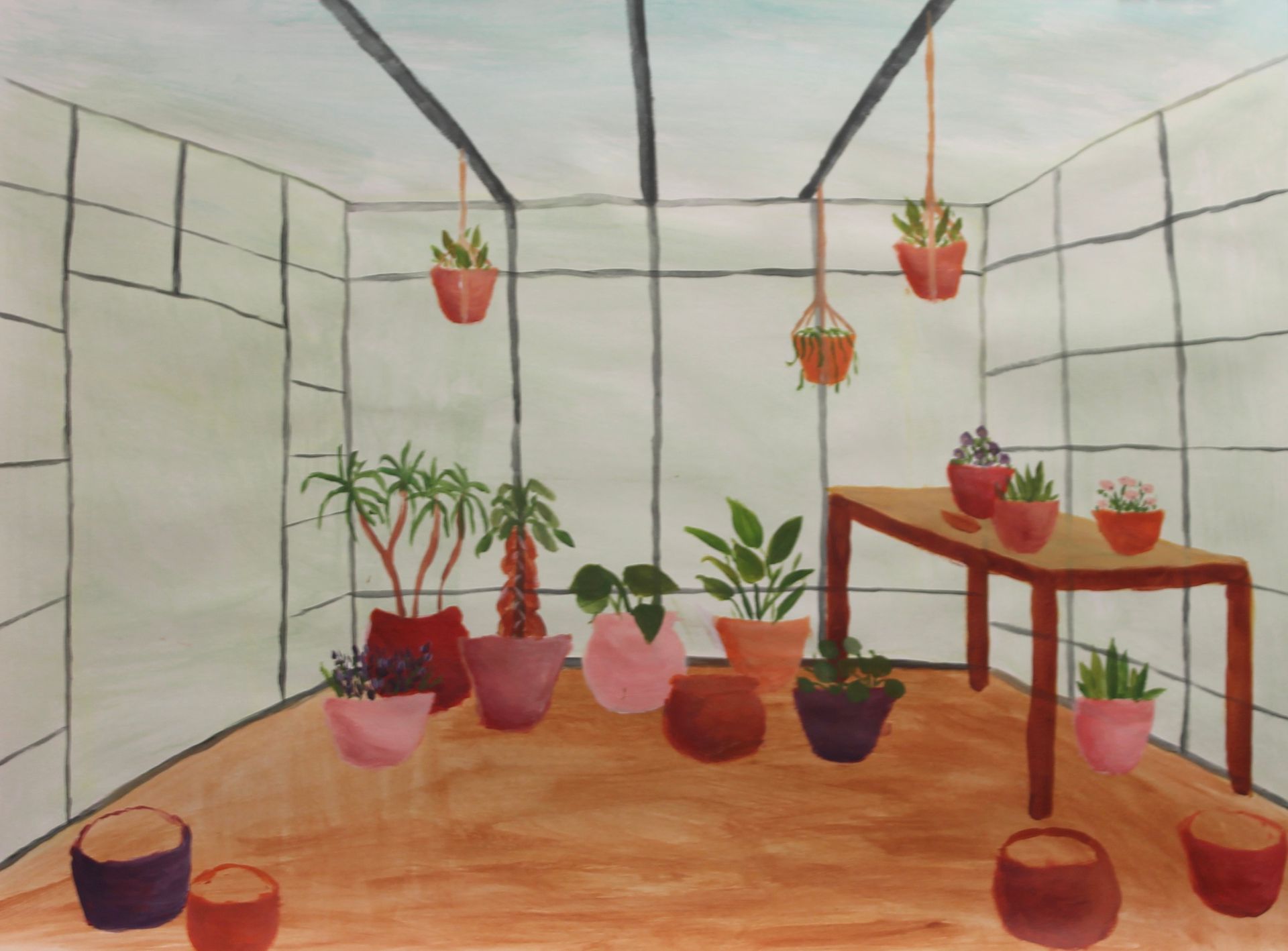 Een schilderij van een kamer met potplanten en een tafel