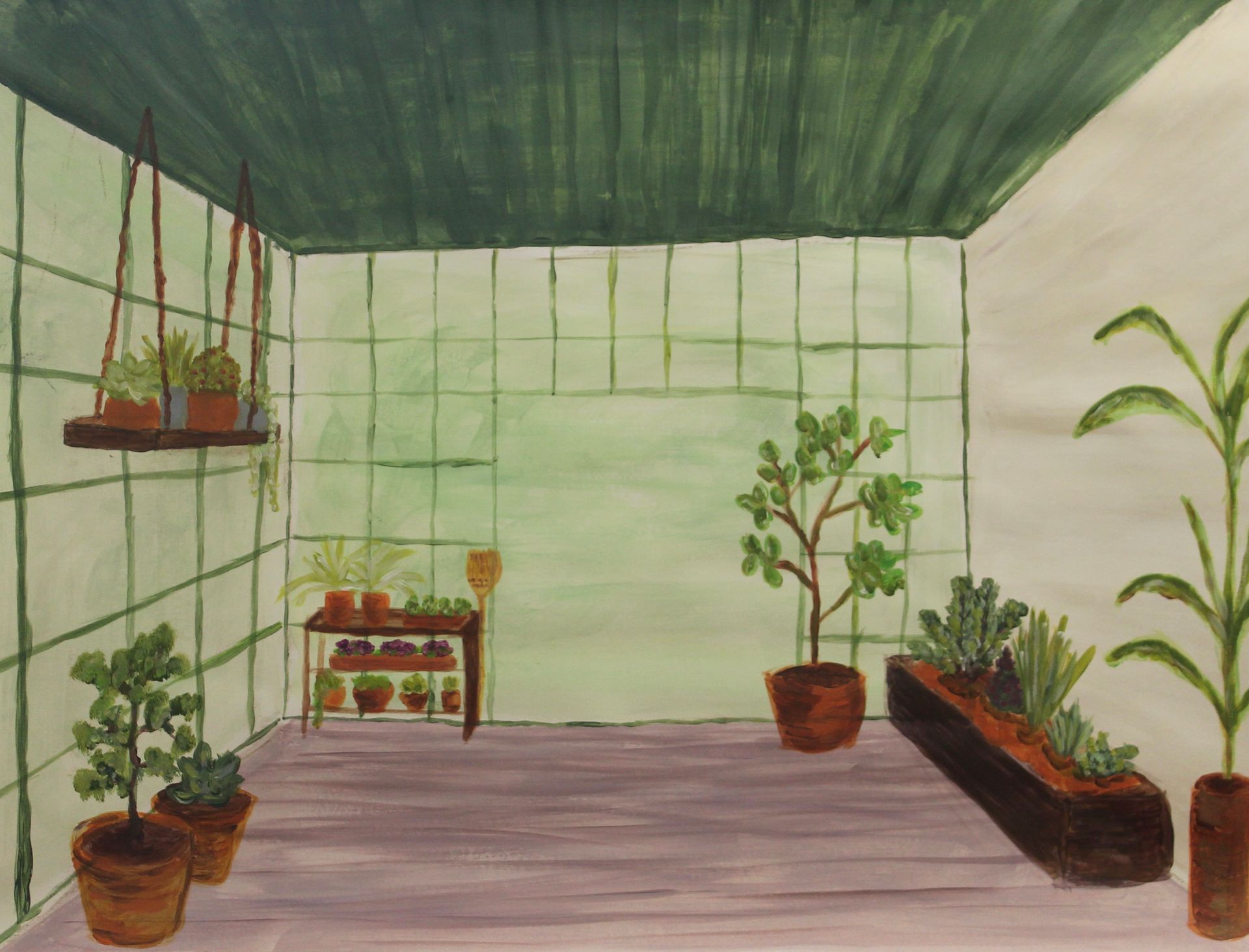 Een schilderij van een kamer met potplanten op de vloer