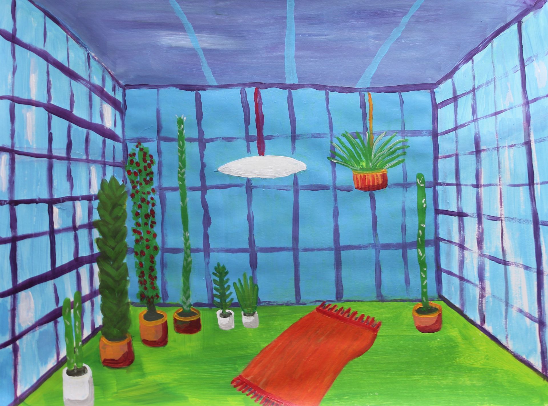 Een schilderij van een kamer met potplanten en een rood tapijt