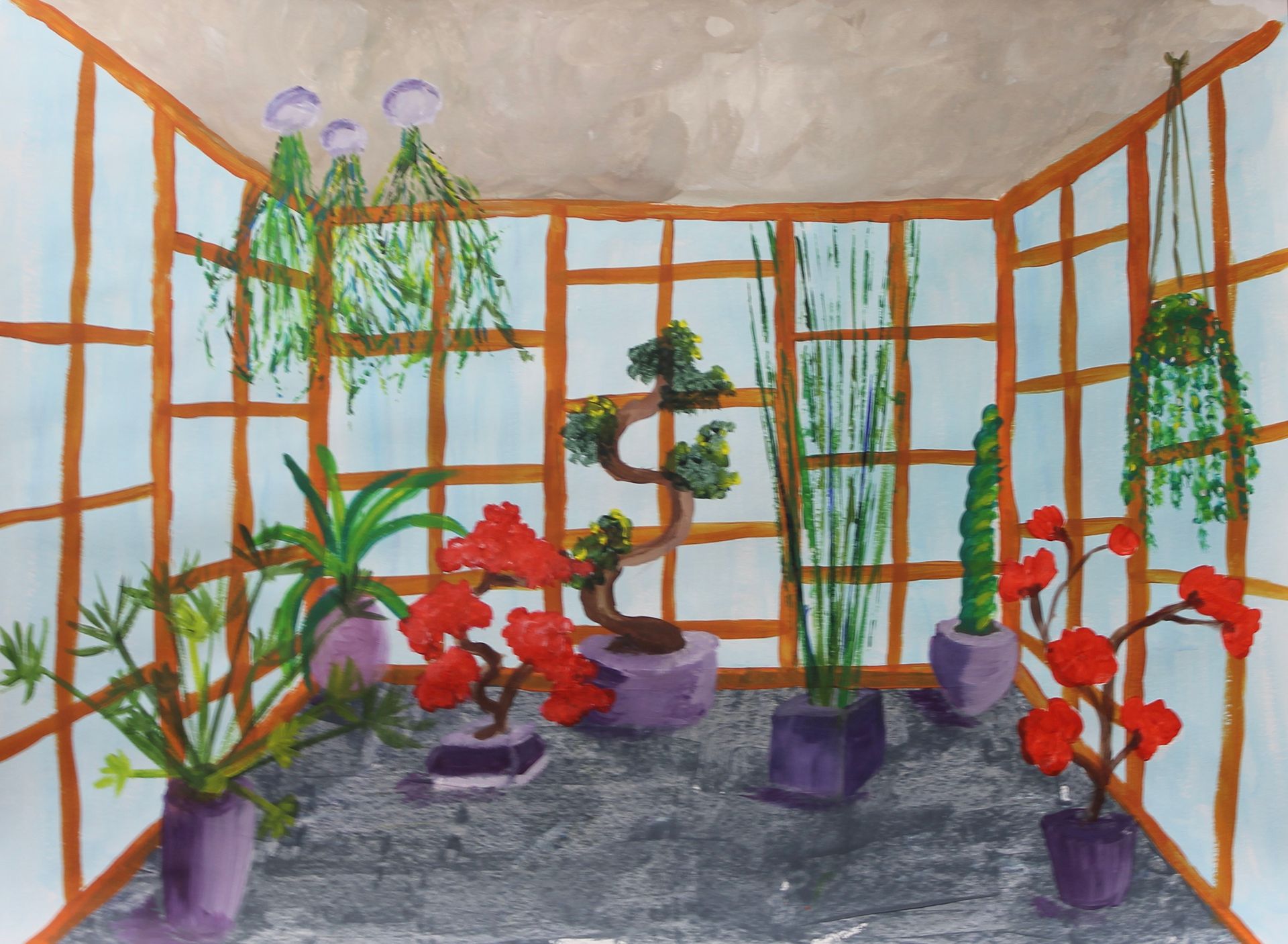 Een schilderij van een kamer met potplanten en bloemen