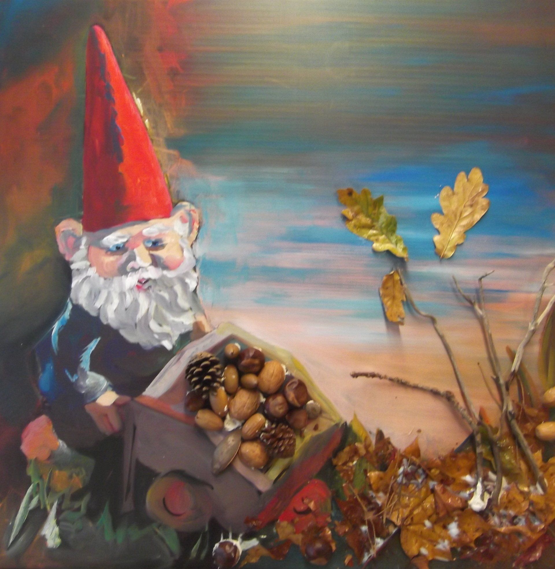 Een schilderij van een kabouter met een rode hoed