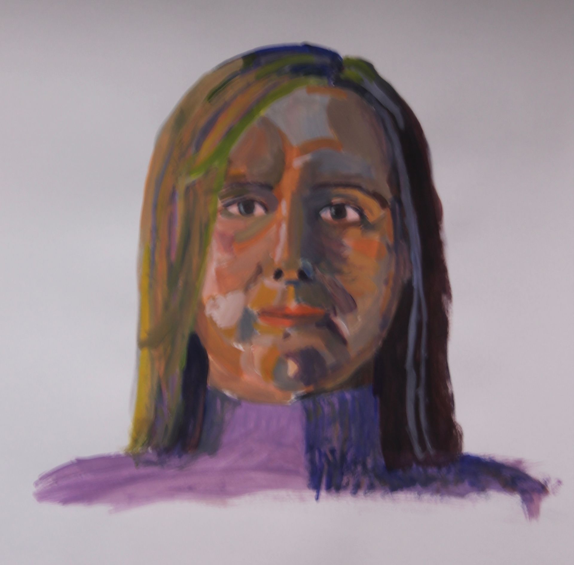 Een schilderij van een vrouw met een paarse coltrui