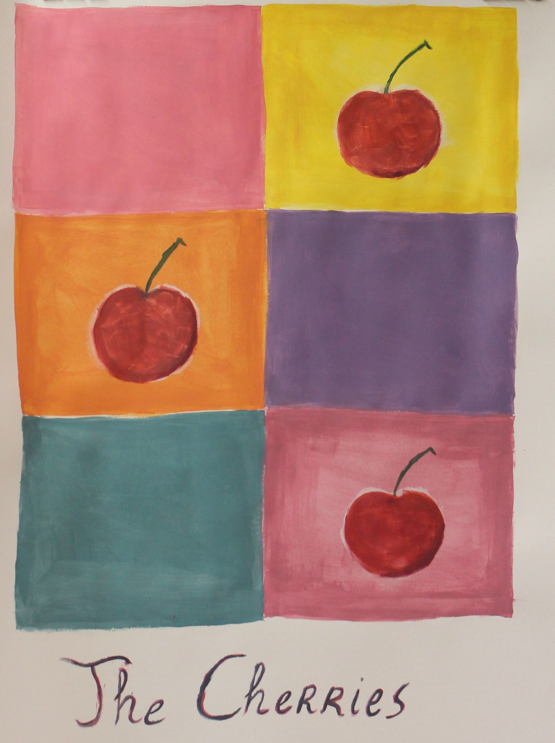 Een schilderij van kersen met de woorden