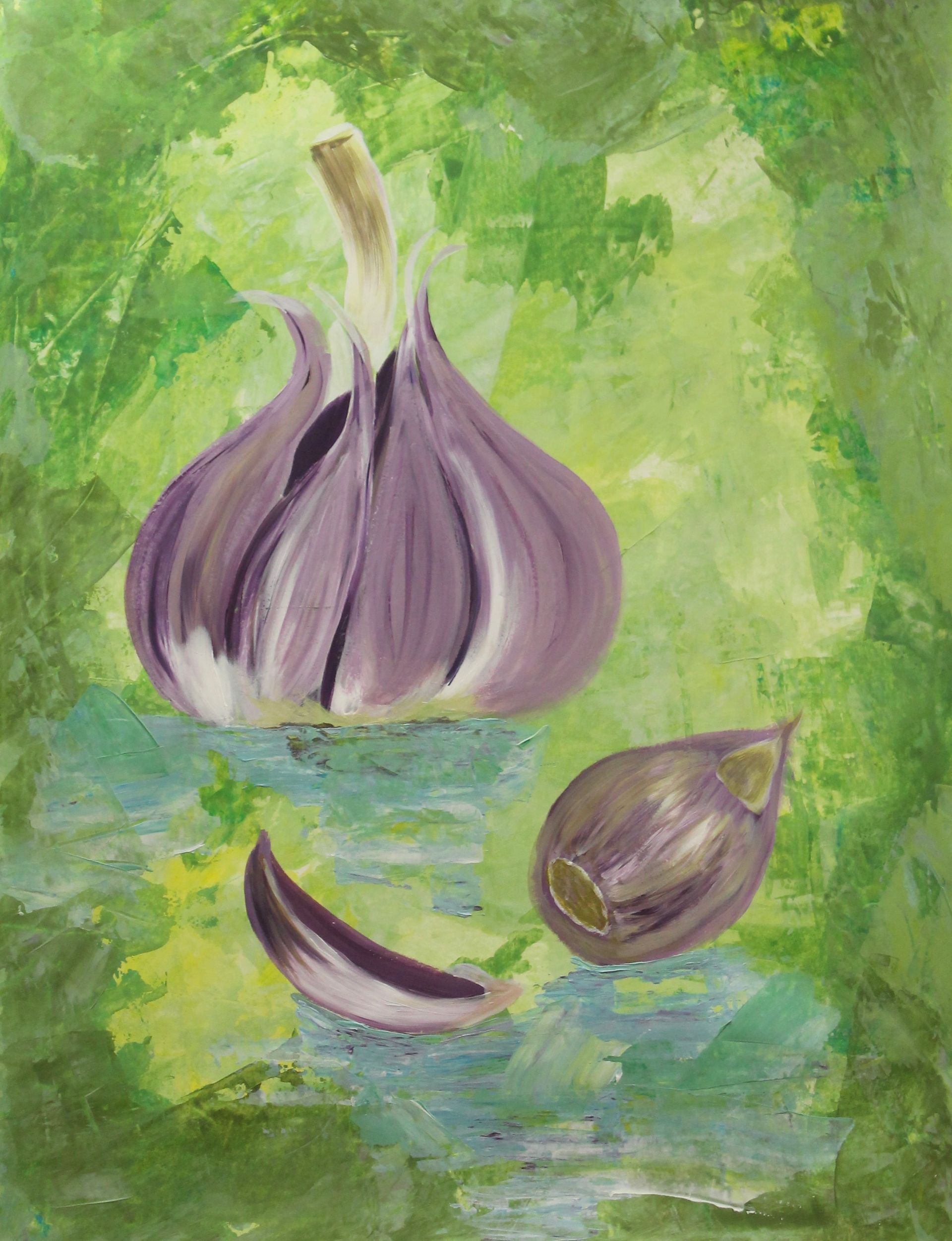 Een schilderij van paarse knoflook op een groene achtergrond