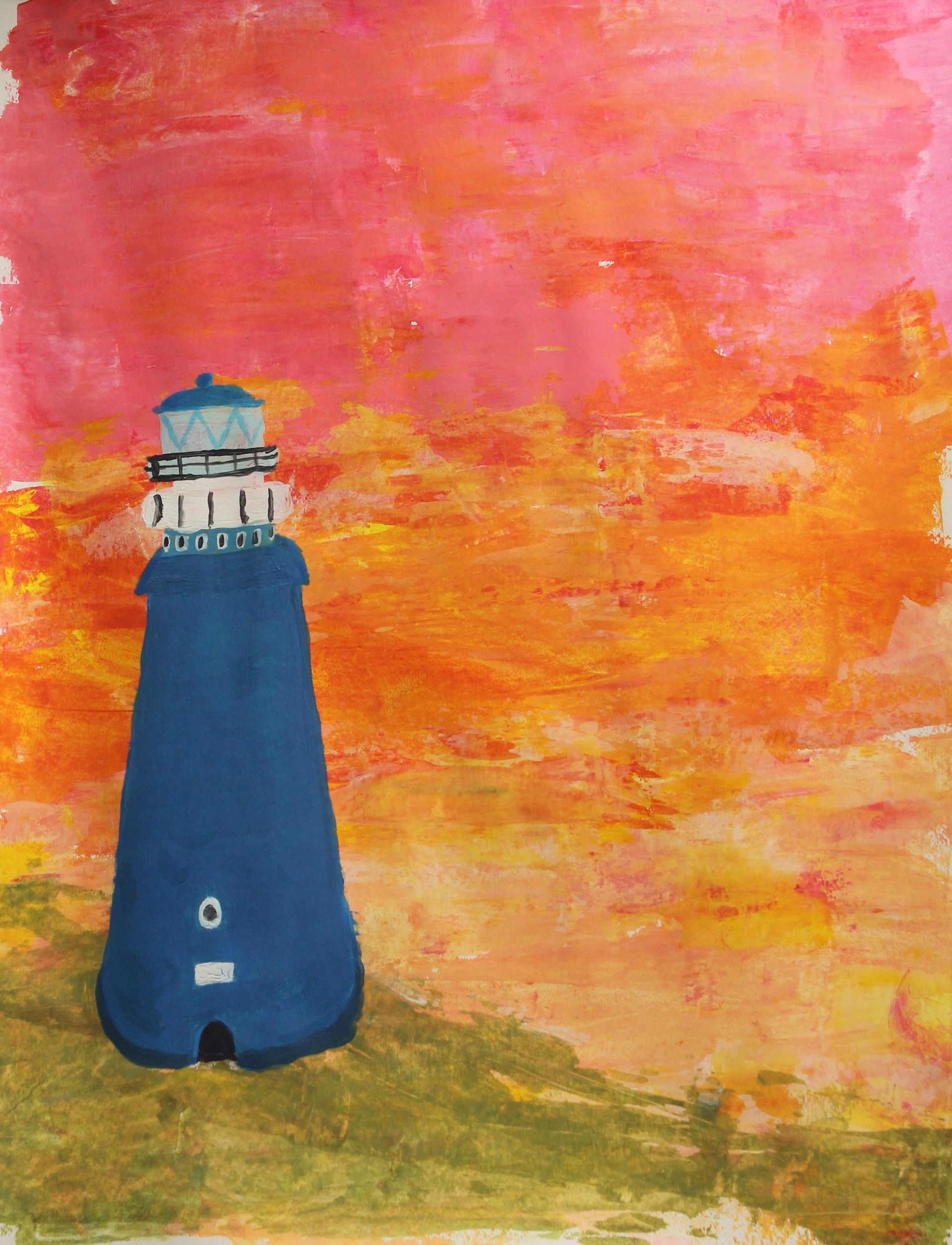 Een schilderij van een vuurtoren met het cijfer 1 erop