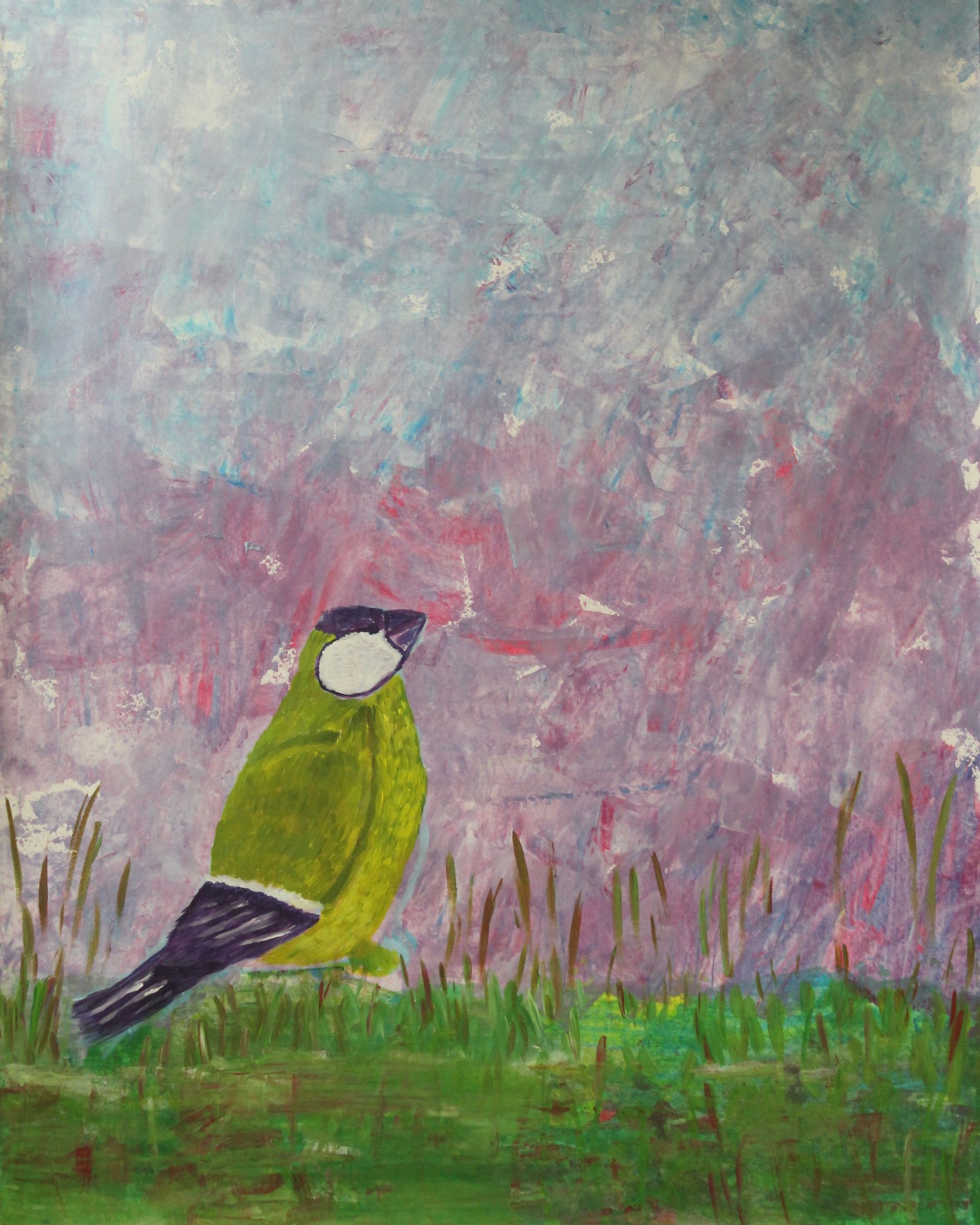 Een schilderij van een vogel die in het gras zit