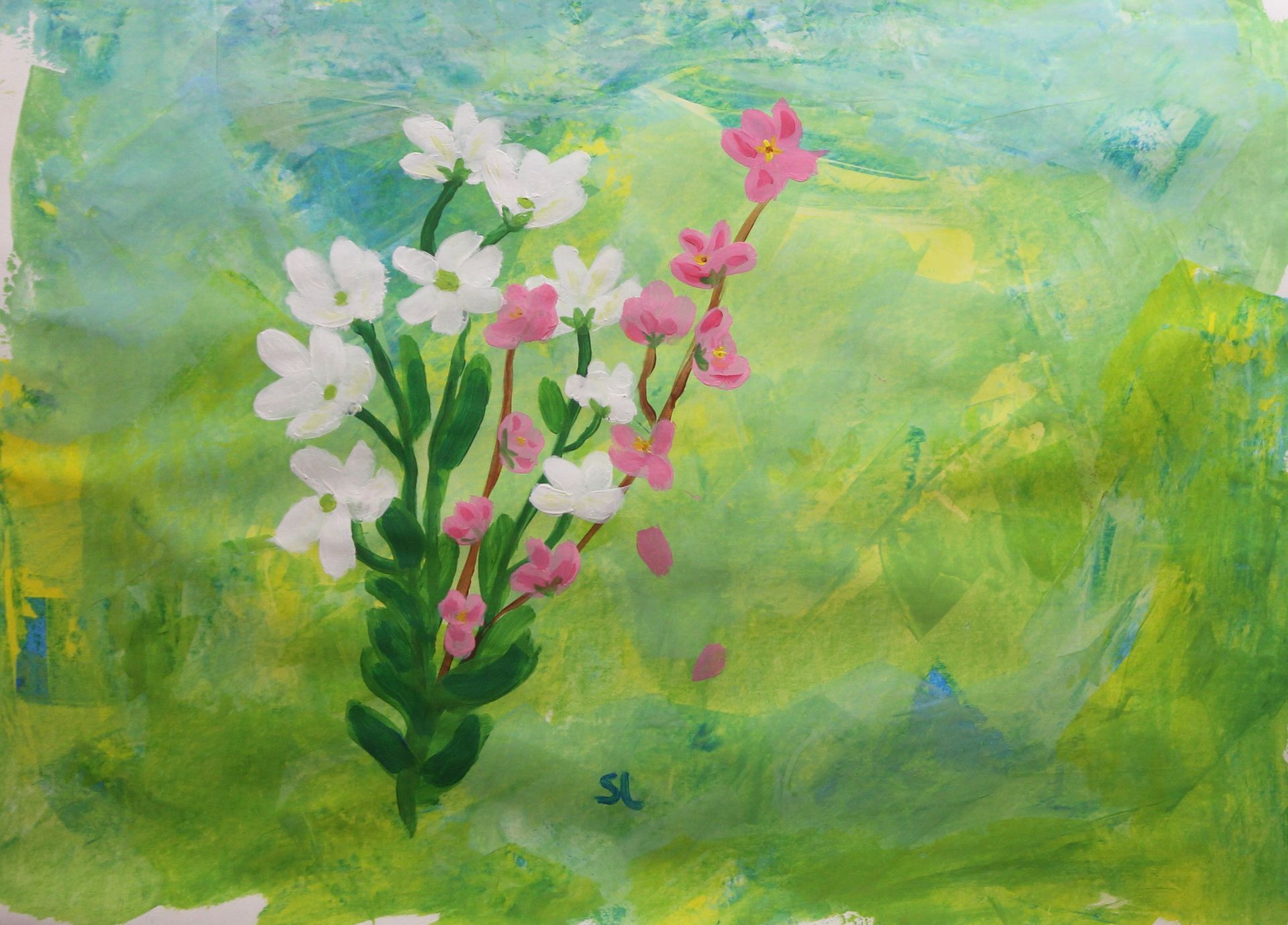 Een schilderij van witte en roze bloemen op een groene achtergrond