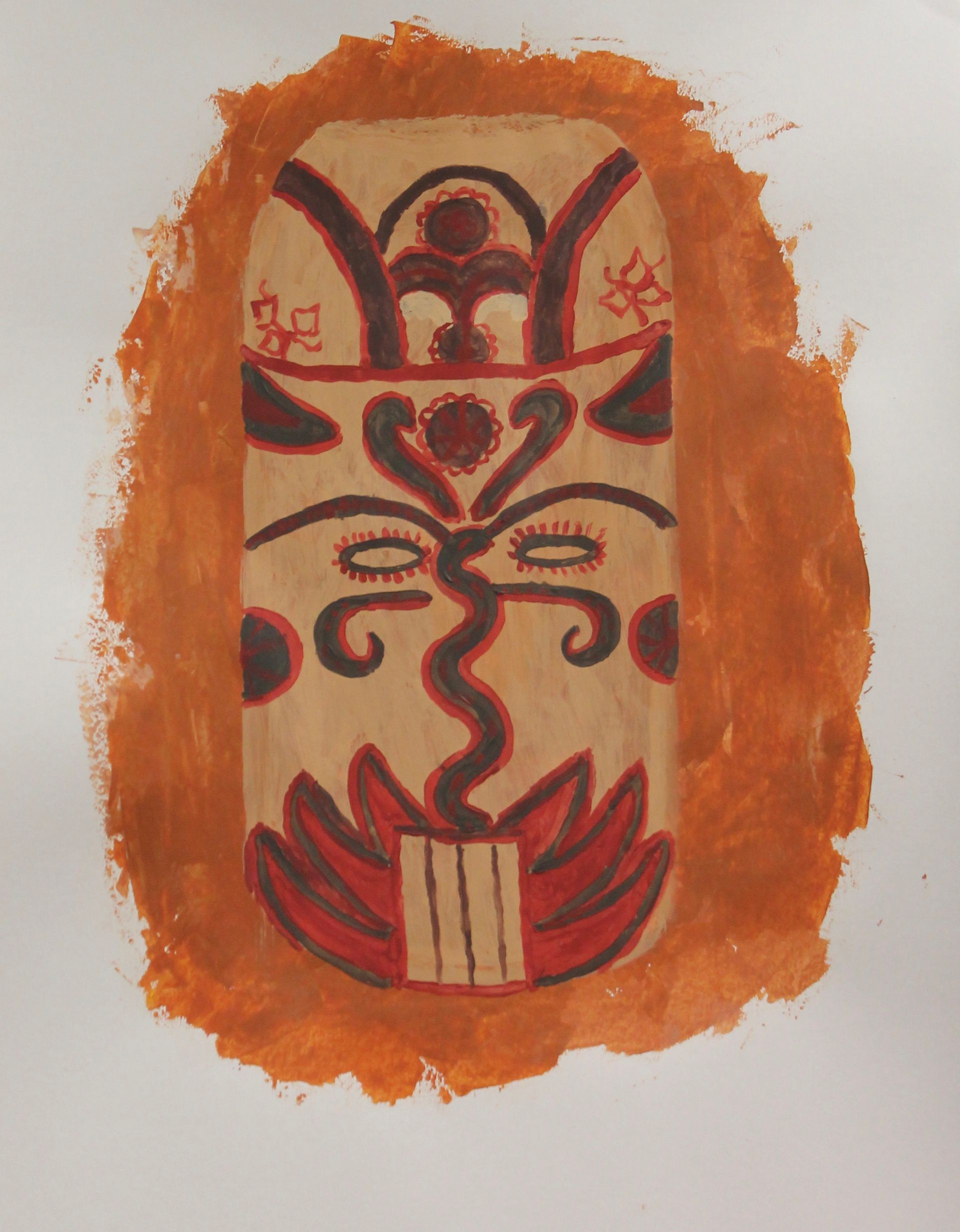 Een schilderij van een masker met een slang erop