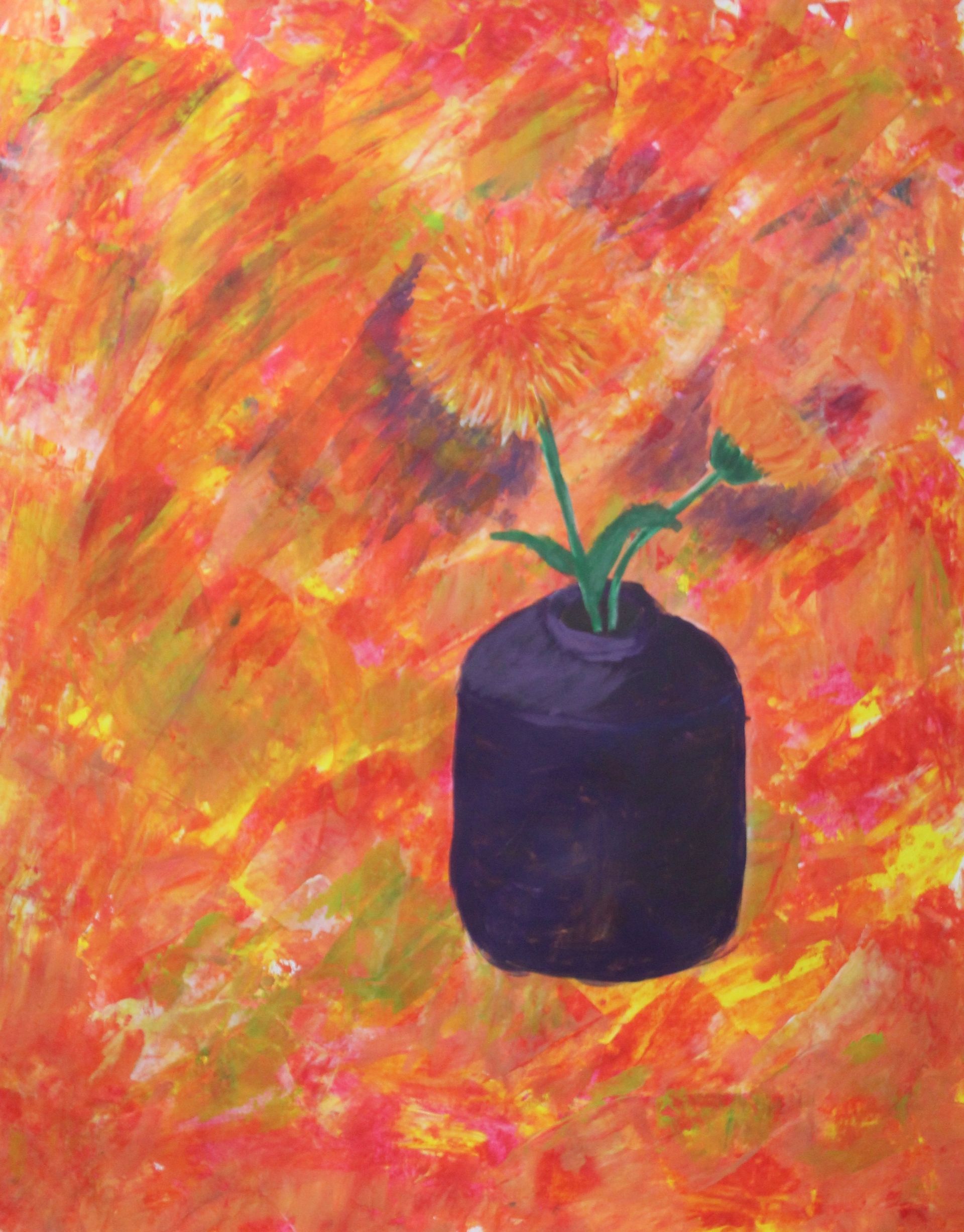 Een schilderij van een vaas met een bloem erin