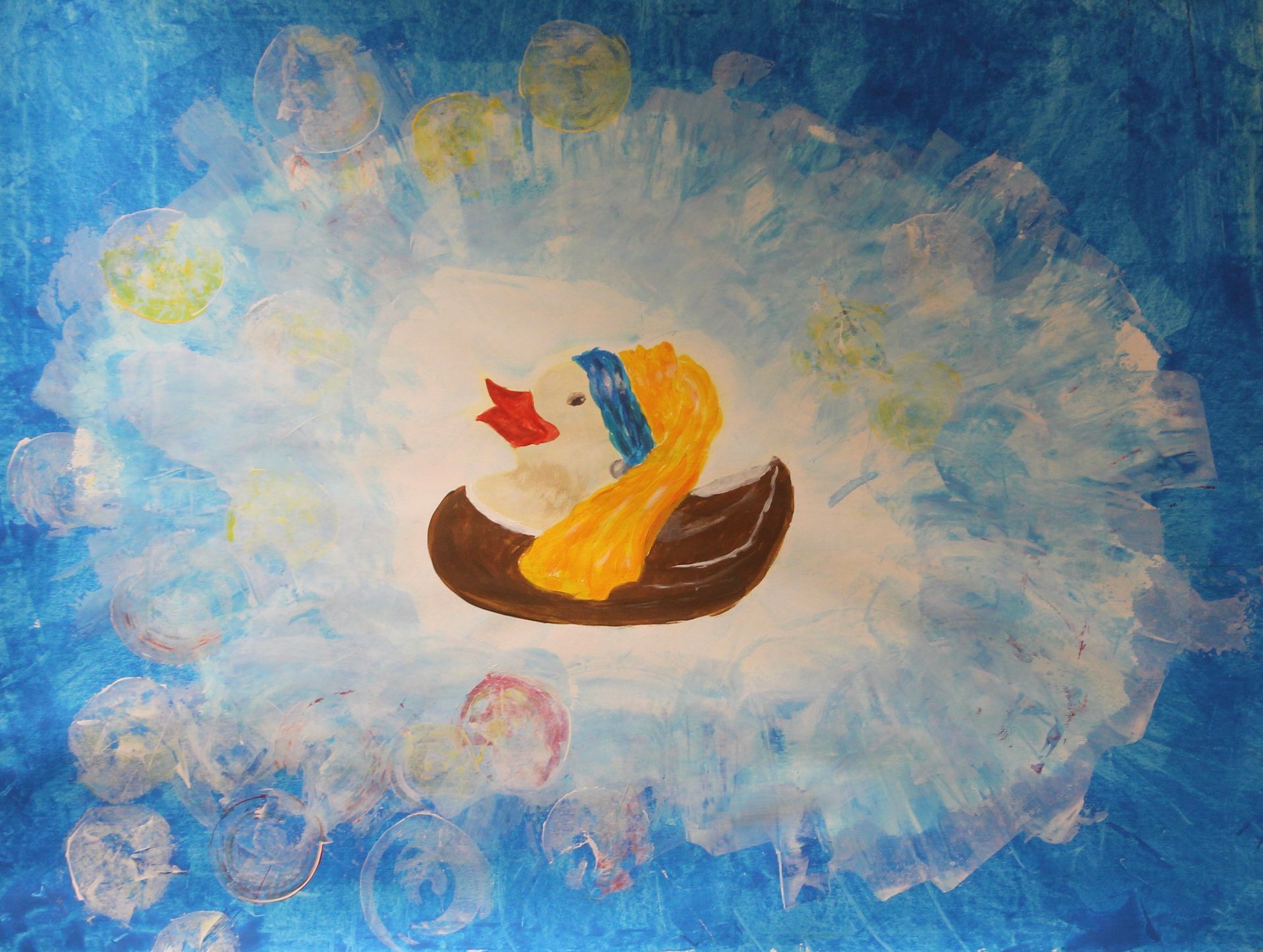 Een schilderij van twee vissen op een rode en blauwe achtergrond