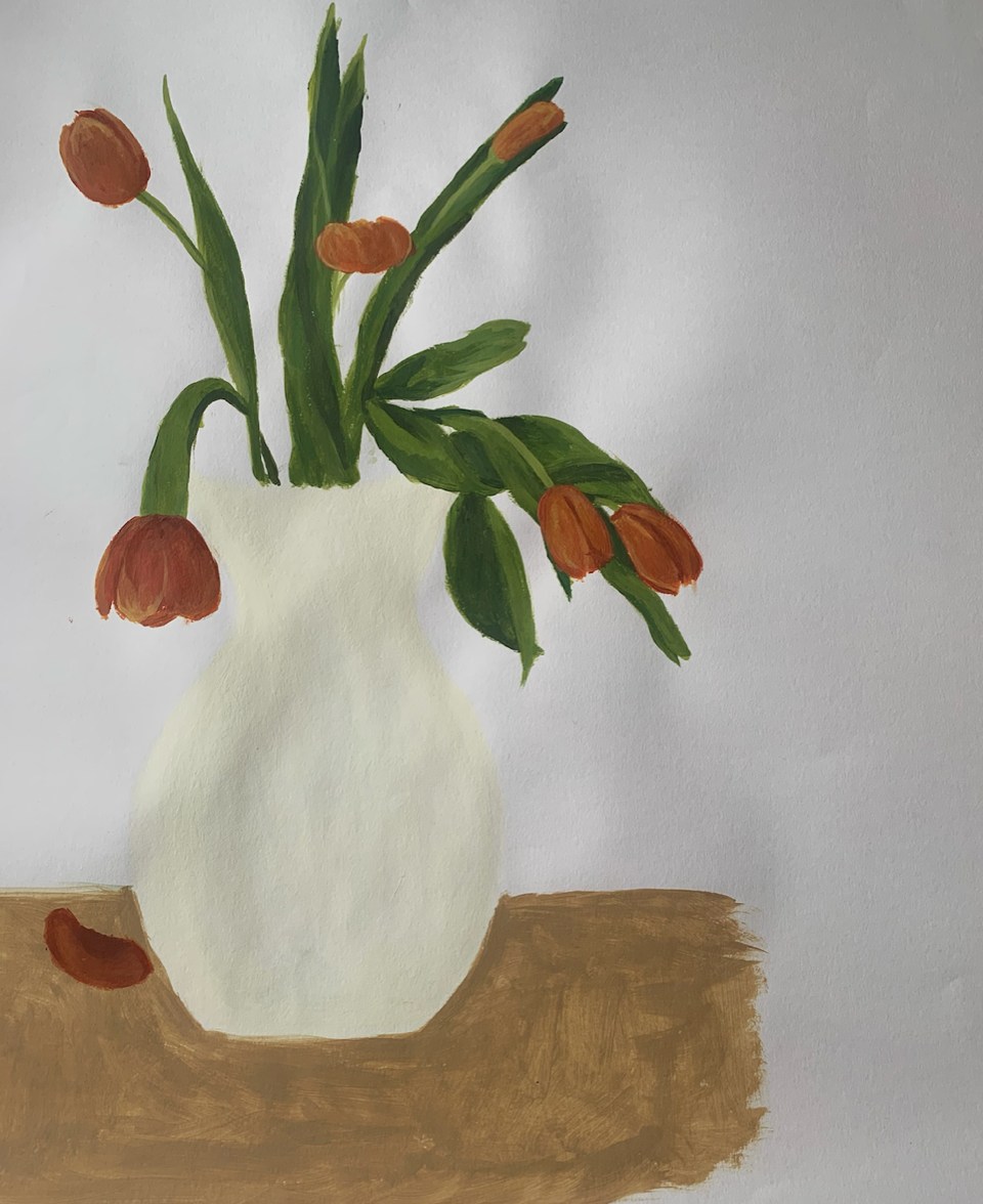 tulpen in de vaas geschilderd met acrylverf