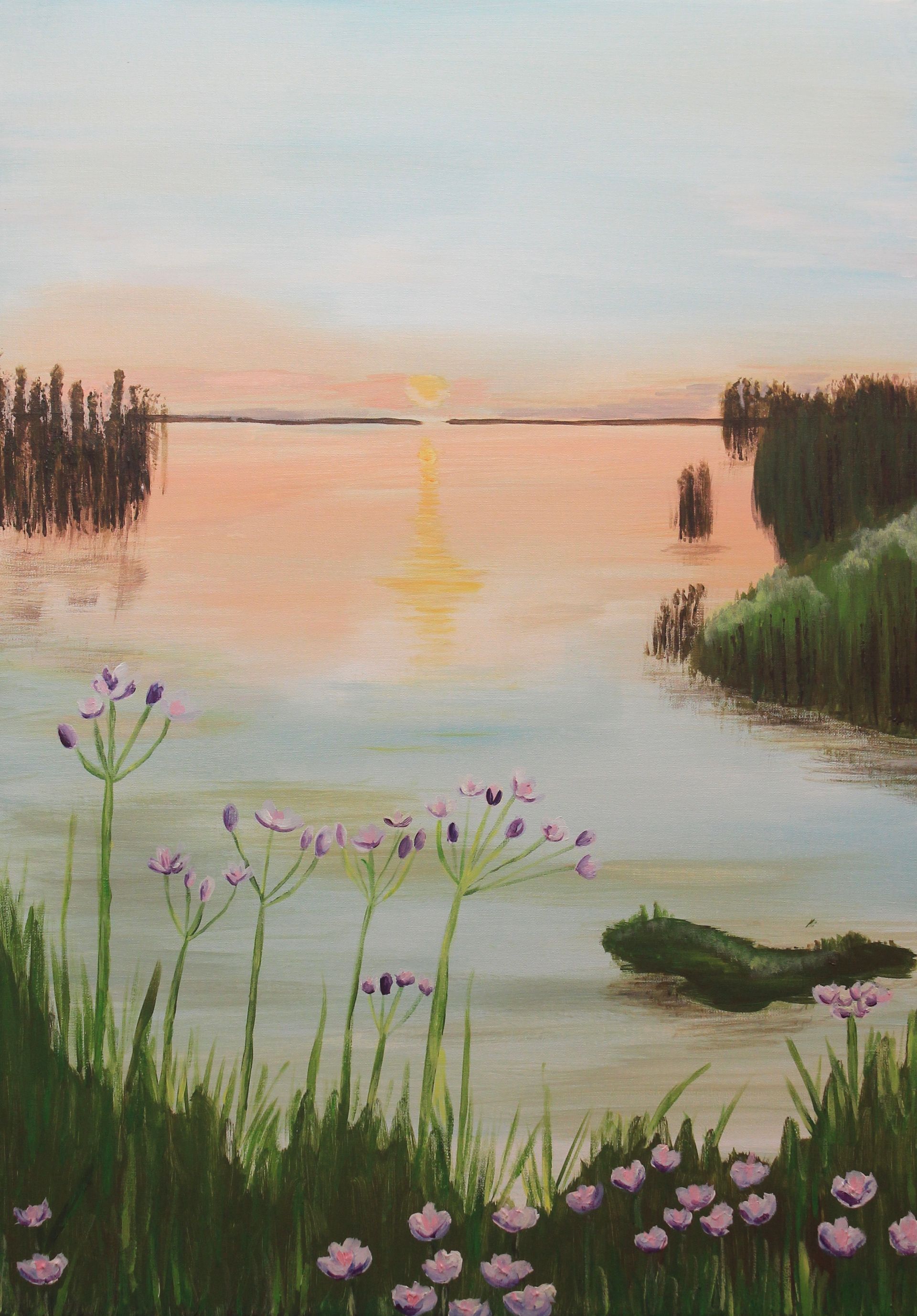 schilderij waterplas met bloemen