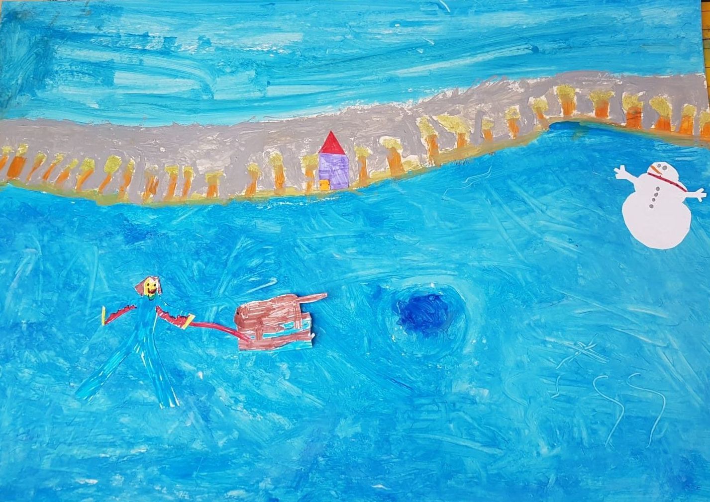 Een schilderij van een sneeuwman en een slee op een ijsbaan