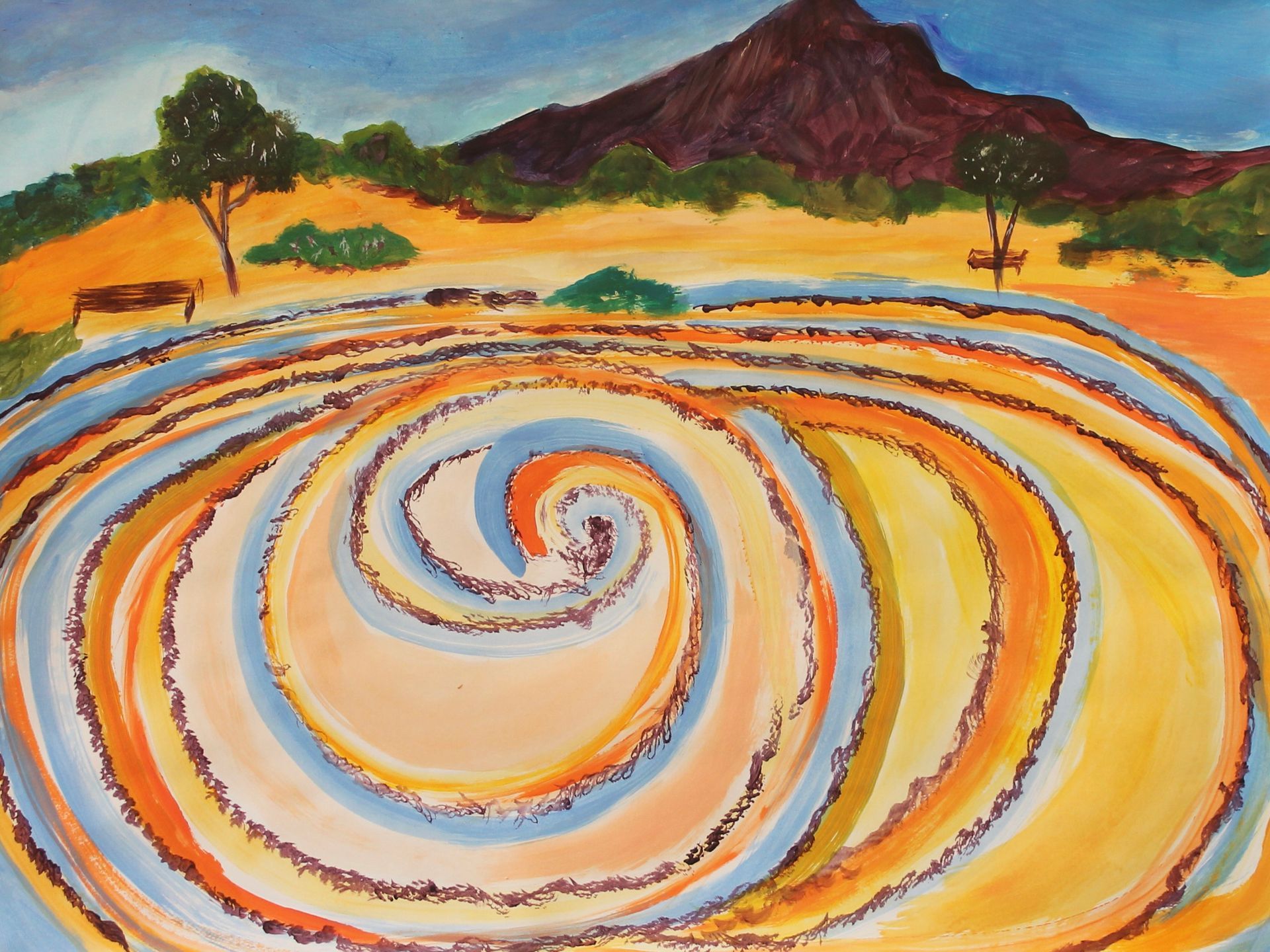 Een schilderij van een meer met een berg op de achtergrond