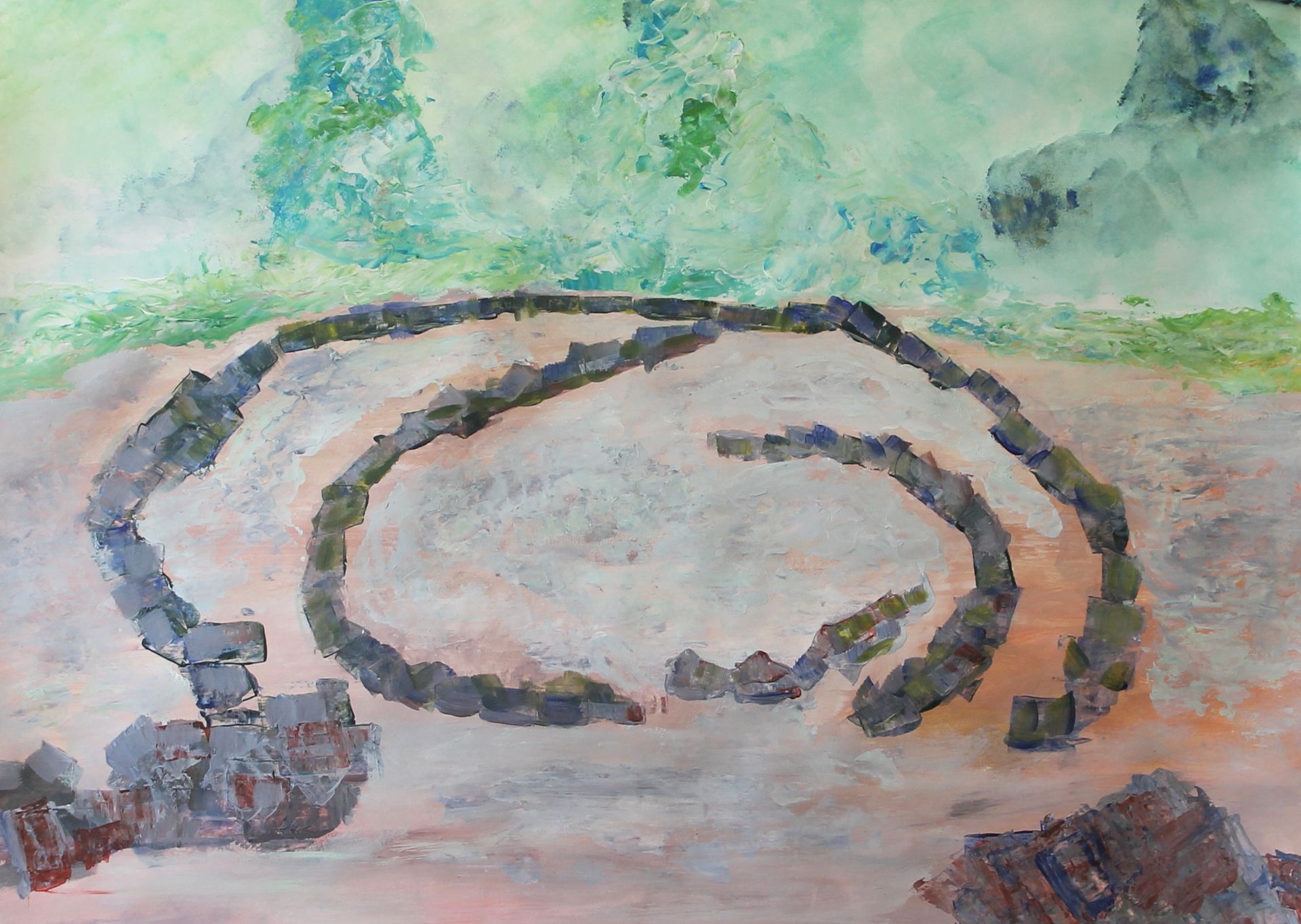 Een schilderij van een cirkel van rotsen met bomen op de achtergrond