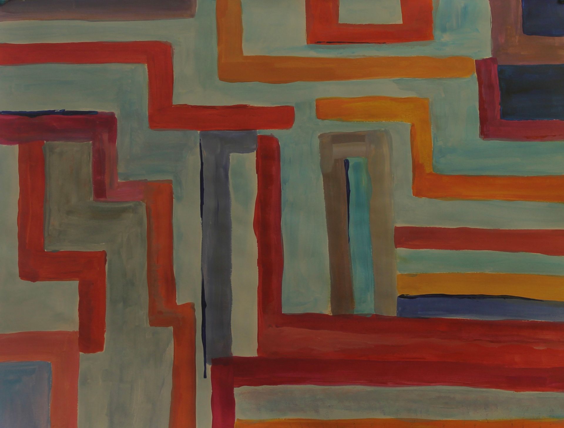 Een schilderij van een doolhof met rode, gele en blauwe lijnen