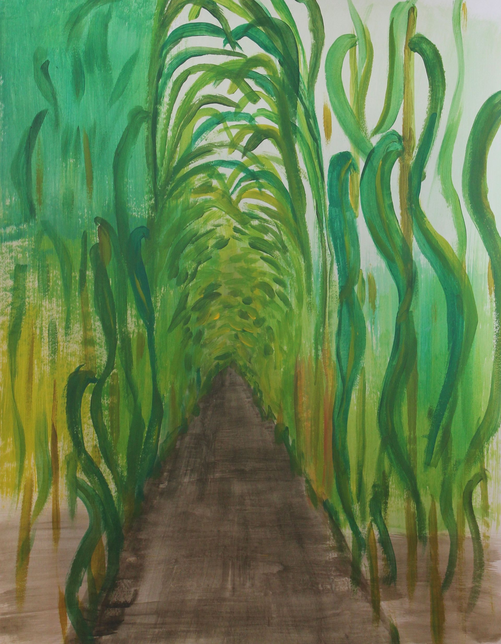 Een schilderij van een doolhof
 van groene planten