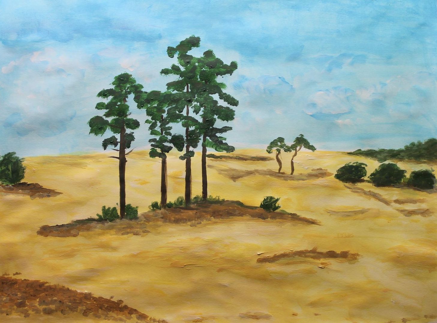 Een schilderij van bomen midden in een woestijn