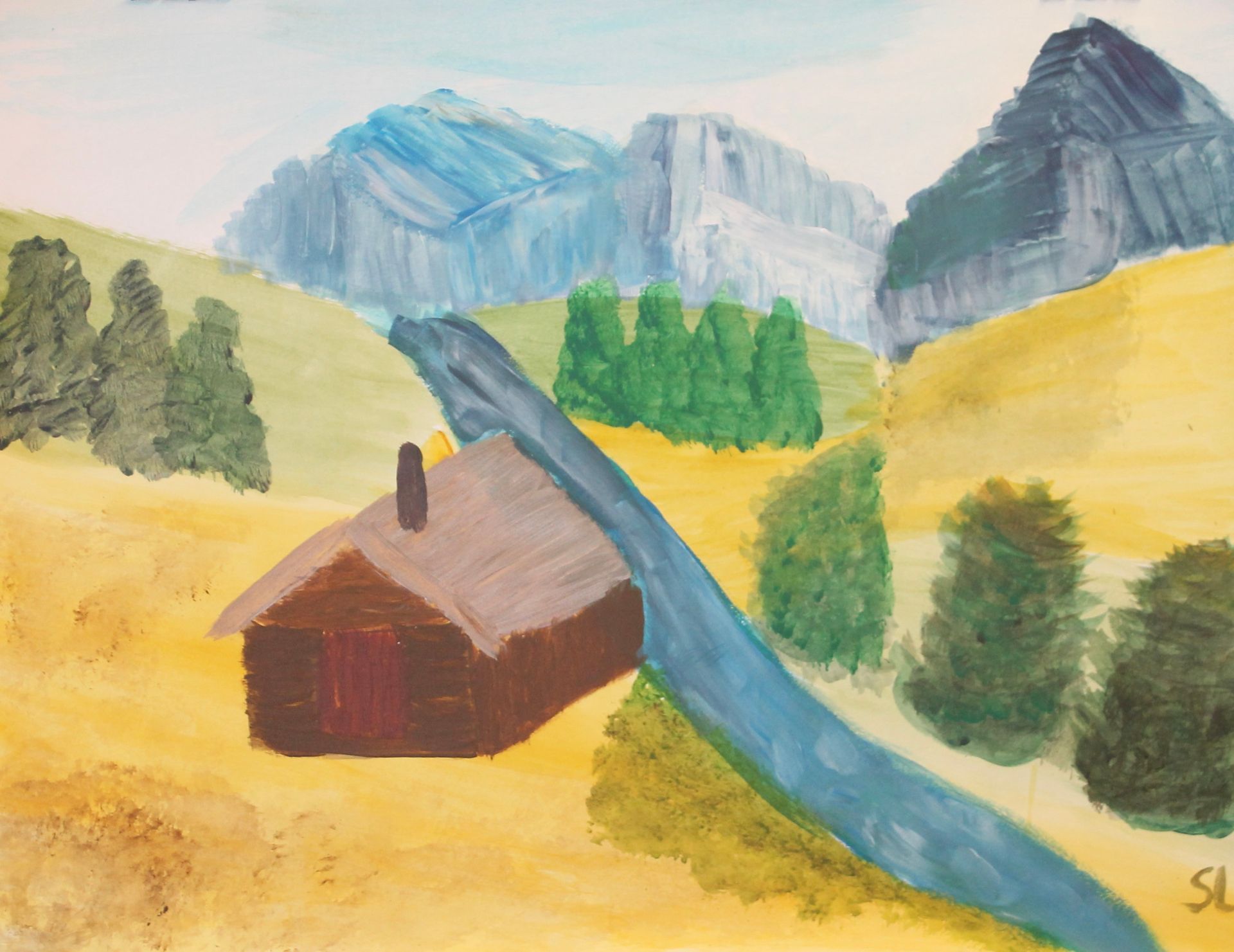 Een schilderij van een hut met bergen op de achtergrond