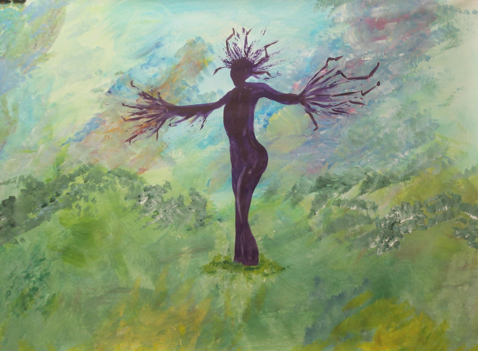 schilderij van mensfiguur in kleurrijk landschap