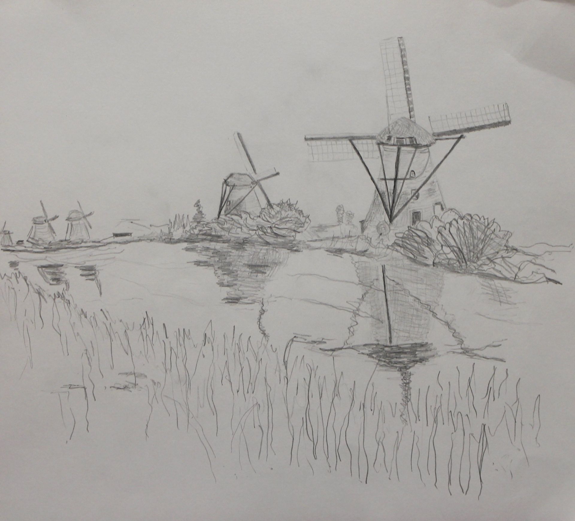 Potloodtekening van windmolens in een veld. Hoge wieken steken af tegen de hemel, met gras op de voorgrond.