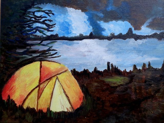 Een schilderij van een tent voor een meer