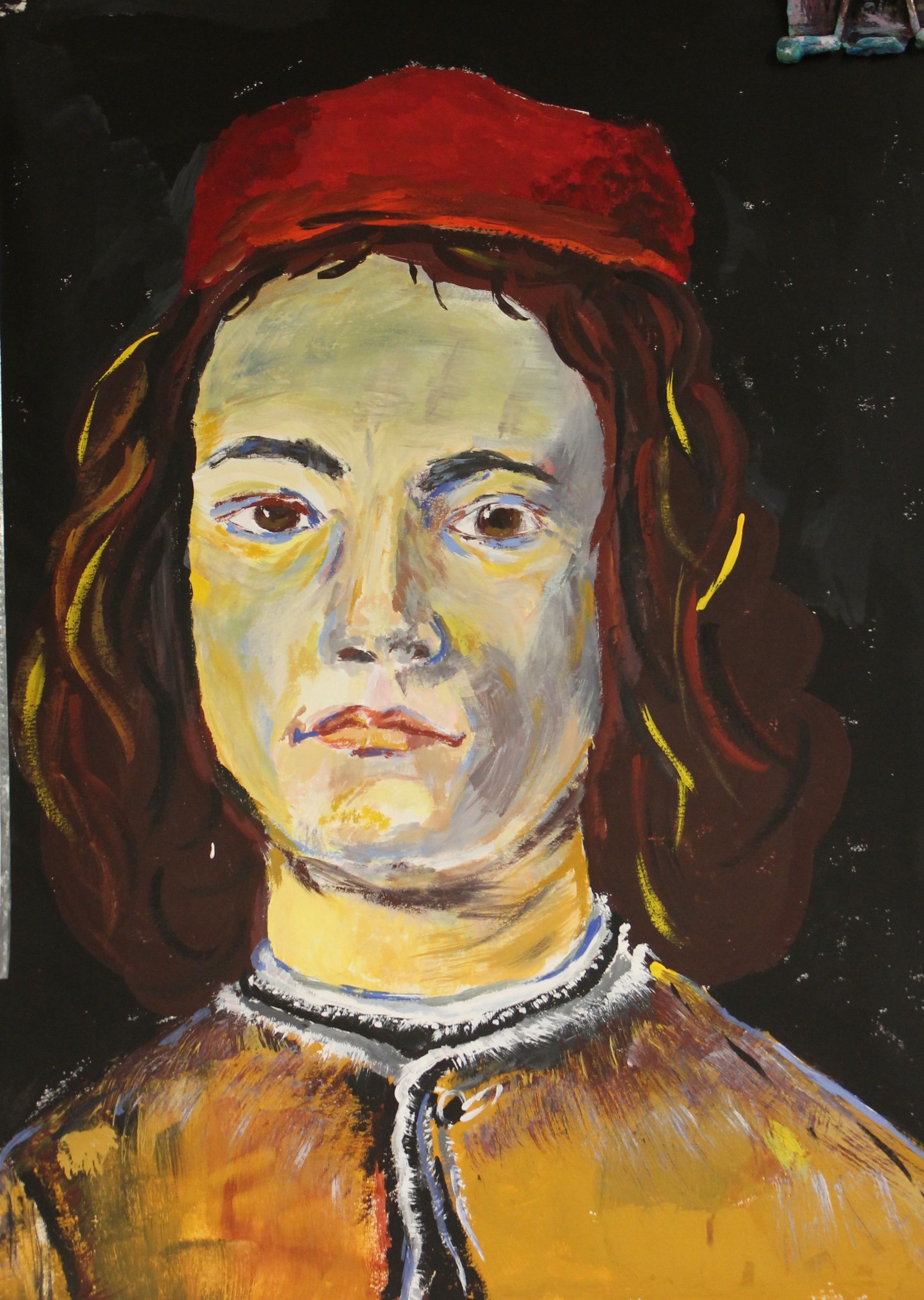Een schilderij van een man met een rode hoed